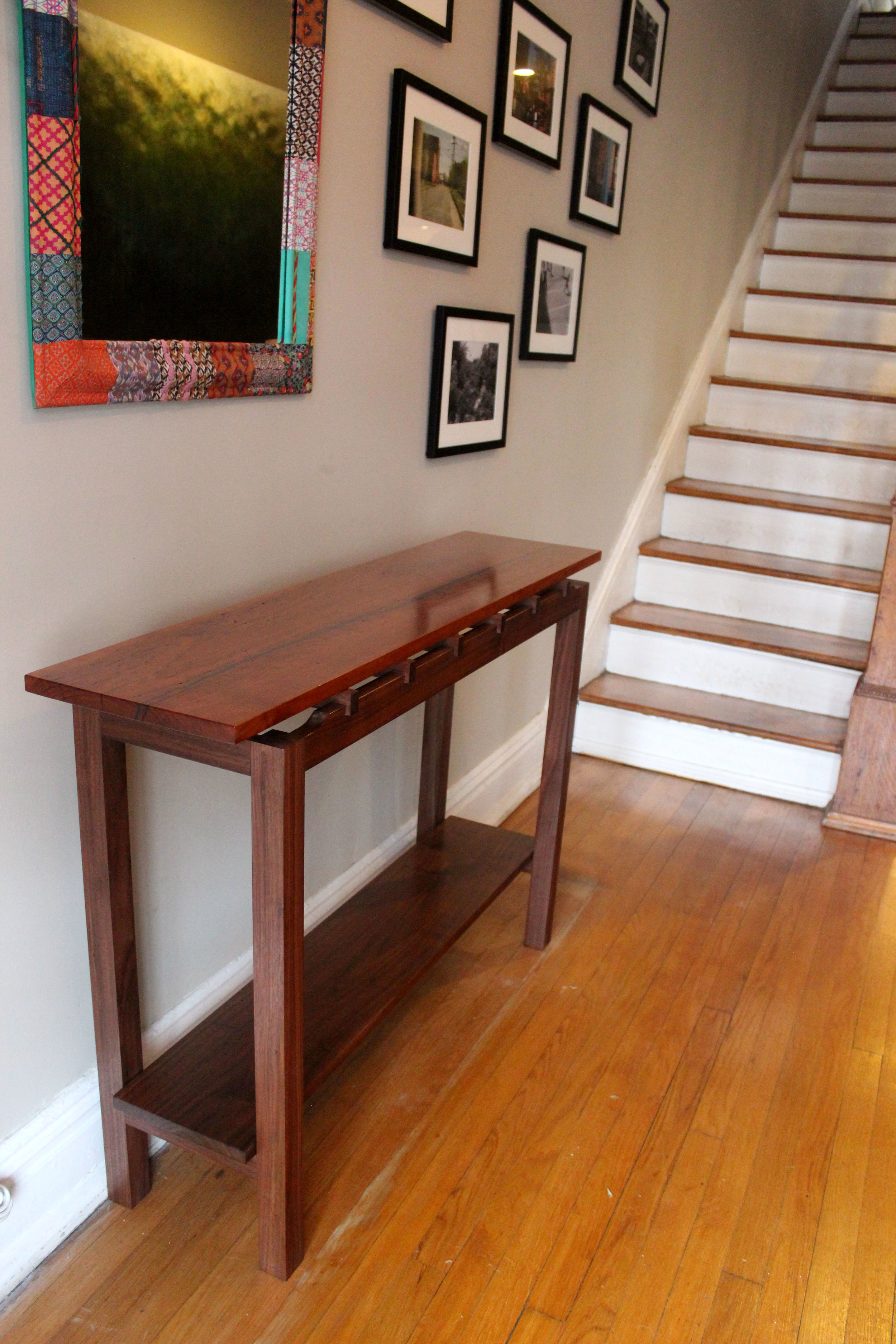 custom cherry and walnut console sofa table with malachite inlay mid century modern furniture Sallie Plumley Studio Richmond Virginia Sally Plumley Custom Woodworking and Furniture Design