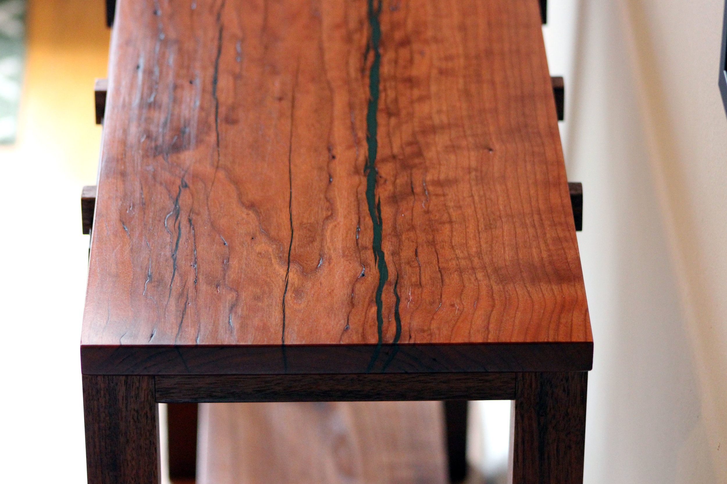 custom cherry and walnut console sofa table with malachite inlay mid century modern furniture Sallie Plumley Studio Richmond Virginia Sally Plumley Custom Woodworking and Furniture Design