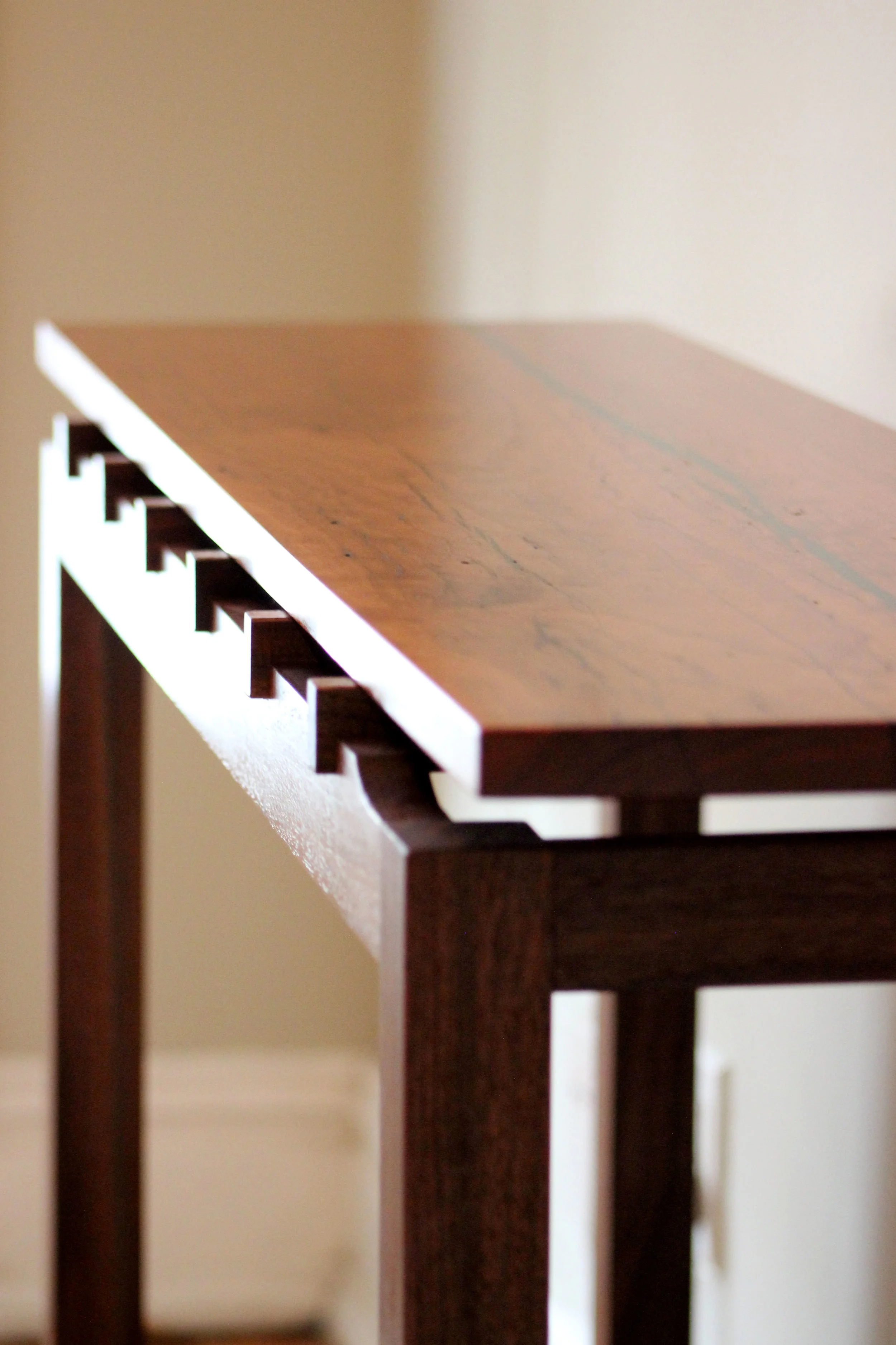 custom cherry and walnut console sofa table with malachite inlay mid century modern furniture Sallie Plumley Studio Richmond Virginia Sally Plumley Custom Woodworking and Furniture Design
