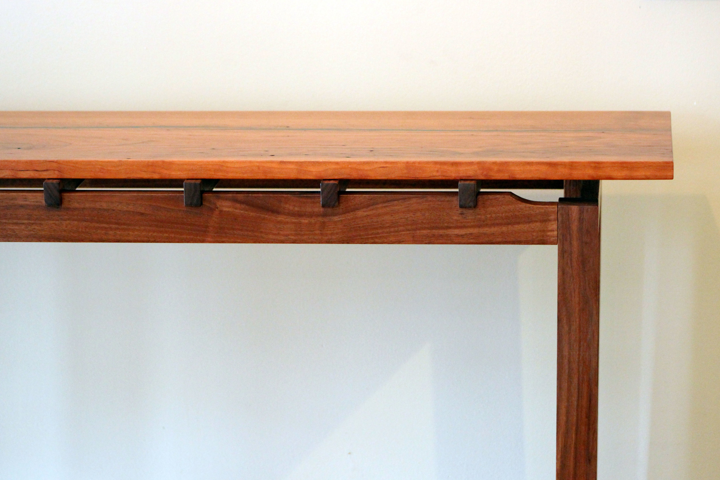 custom cherry and walnut console sofa table with malachite inlay mid century modern furniture Sallie Plumley Studio Richmond Virginia Sally Plumley Custom Woodworking and Furniture Design