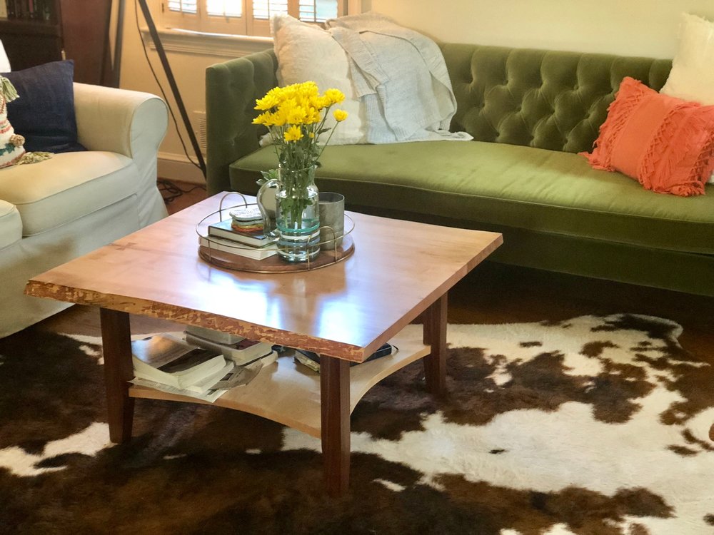 Custom live edge maple coffee table game table with bowtie and inlay mid century modern furniture Sallie Plumley Studio Richmond Virginia Sally Plumley Custom Woodworking and Furniture Design