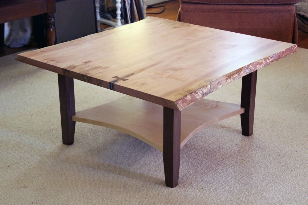 Custom live edge maple coffee table game table with bowtie and inlay mid century modern furniture Sallie Plumley Studio Richmond Virginia Sally Plumley Custom Woodworking and Furniture Design