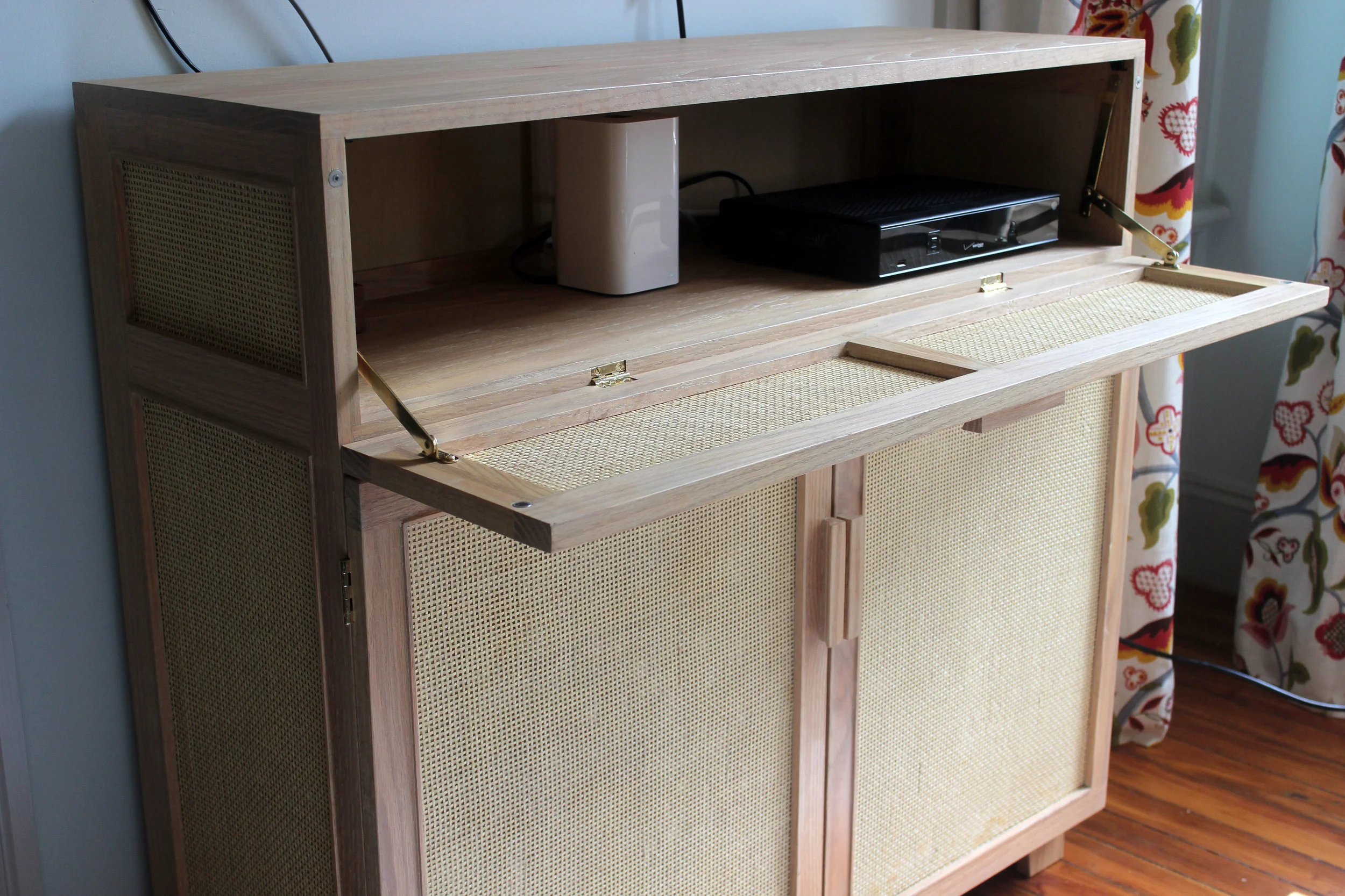 Custom White Oak and Cane Media Cabinet mid century modern furniture Sallie Plumley Studio Richmond Virginia Sally Plumley Custom Woodworking and Furniture Design