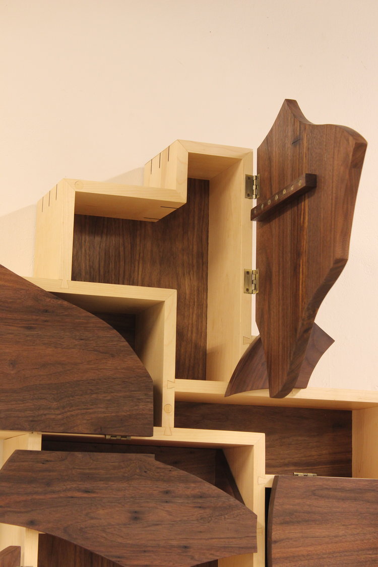 custom maple and walnut hanging decorative cabinet mid century modern furniture Sallie Plumley Studio Richmond Virginia Sally Plumley Custom Woodworking and Furniture Design