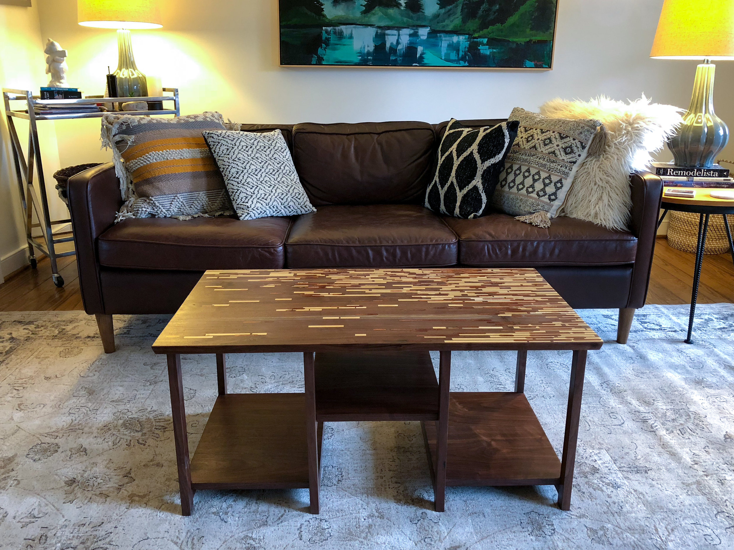 custom walnut coffee table with maple and copper inlay Sallie Plumley Studio Richmond Virginia