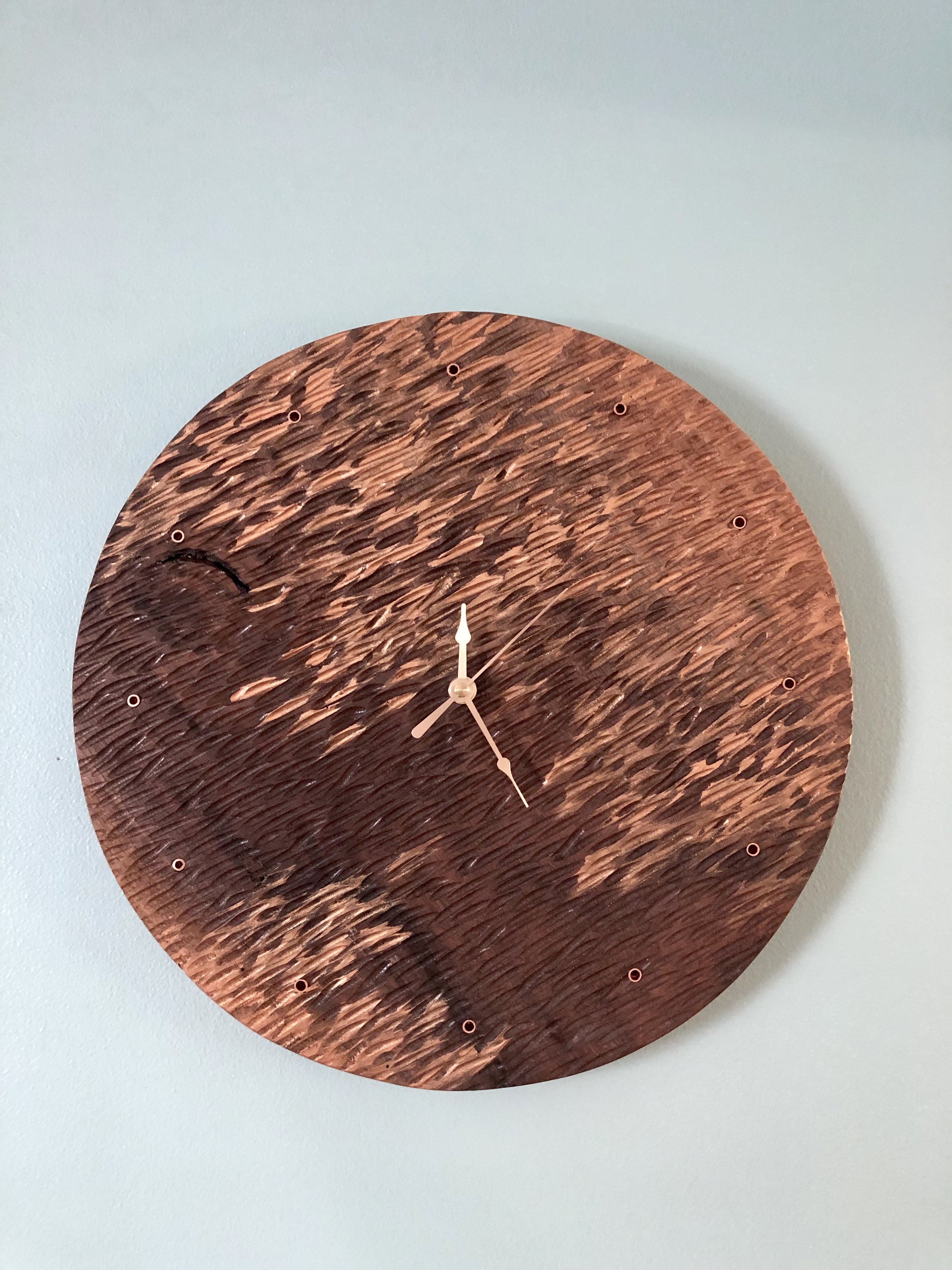 Carved Walnut Clock Brushed with Copper