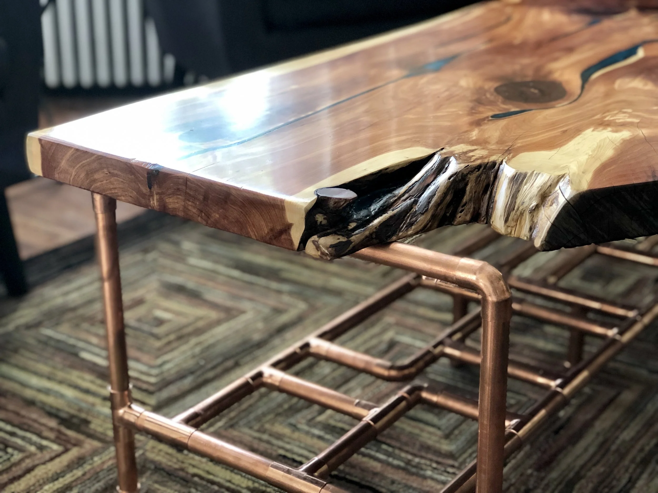 Sallie Plumley Studio Aromatic Cedar and Copper Pipe Coffee Table with Malachite Resin Inlay 13.jpg
