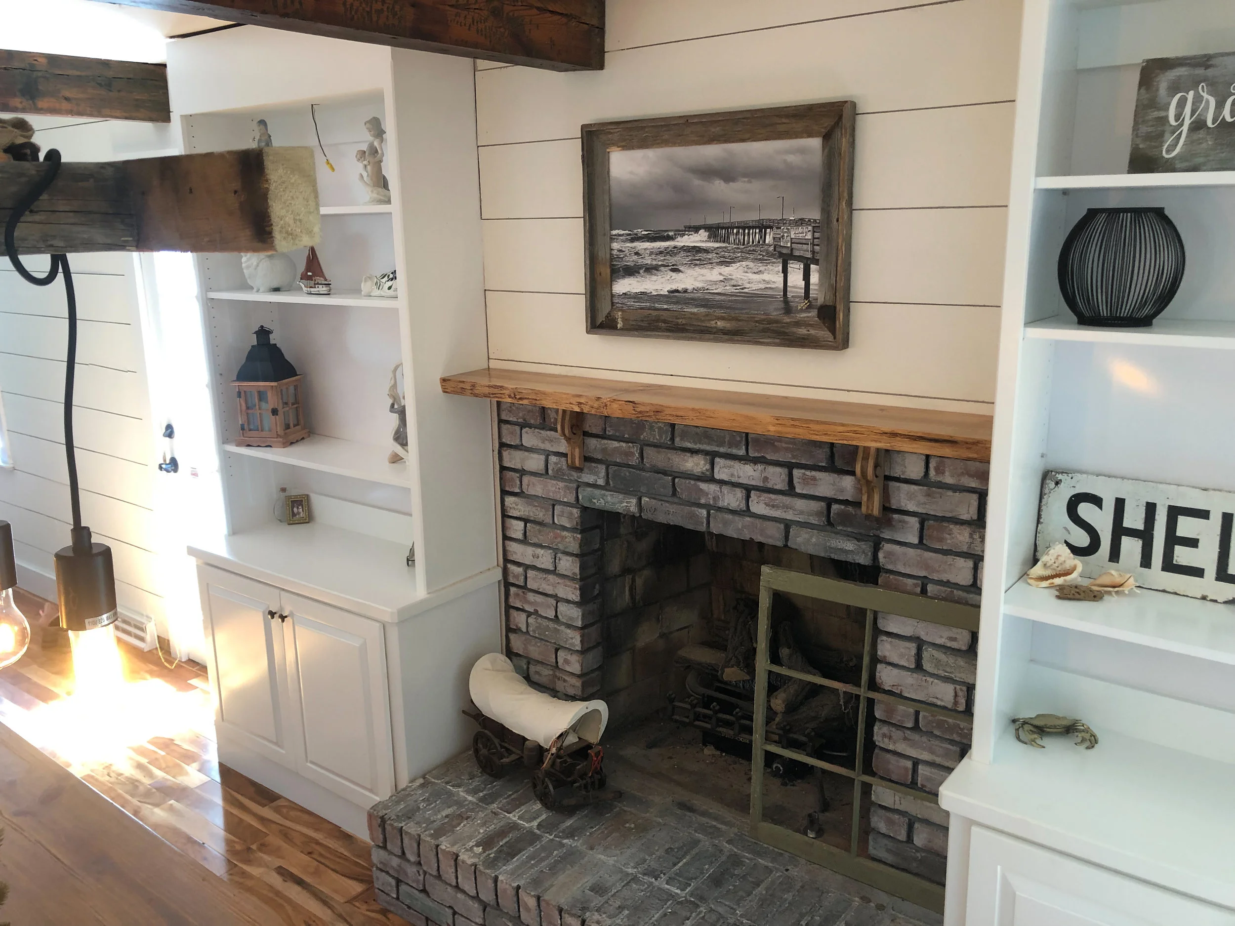 Live Edge Maple Mantle. Handmade wooden corbels. Sallie Plumley Studio. Sally Plumlee Studio. Richmond Virginia. Newport News