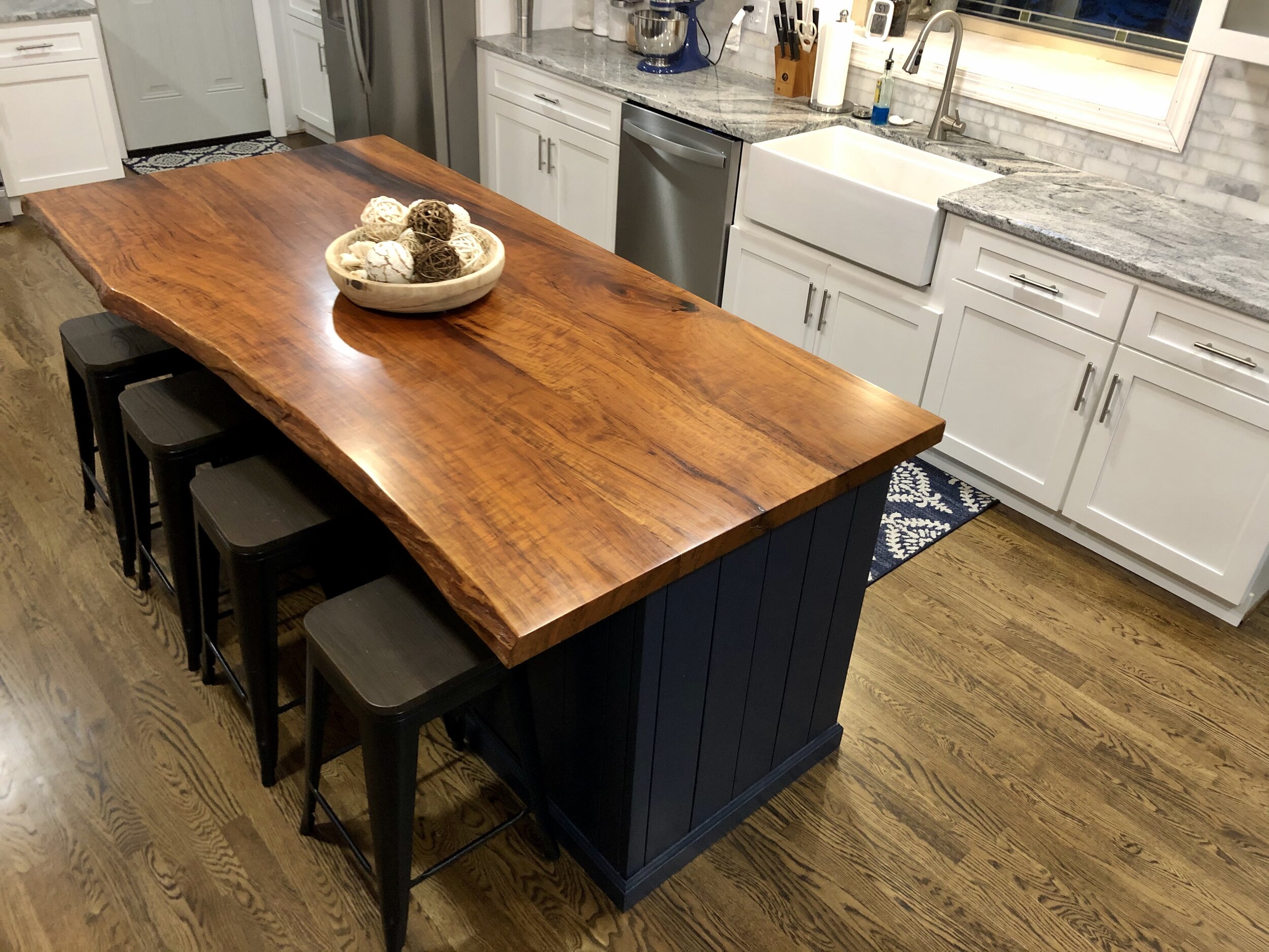 Live Edge Cherry Kitchen Island with a ship lap base in Yorktown, Virginia. Sallie Plumley Studio. Richmond VA