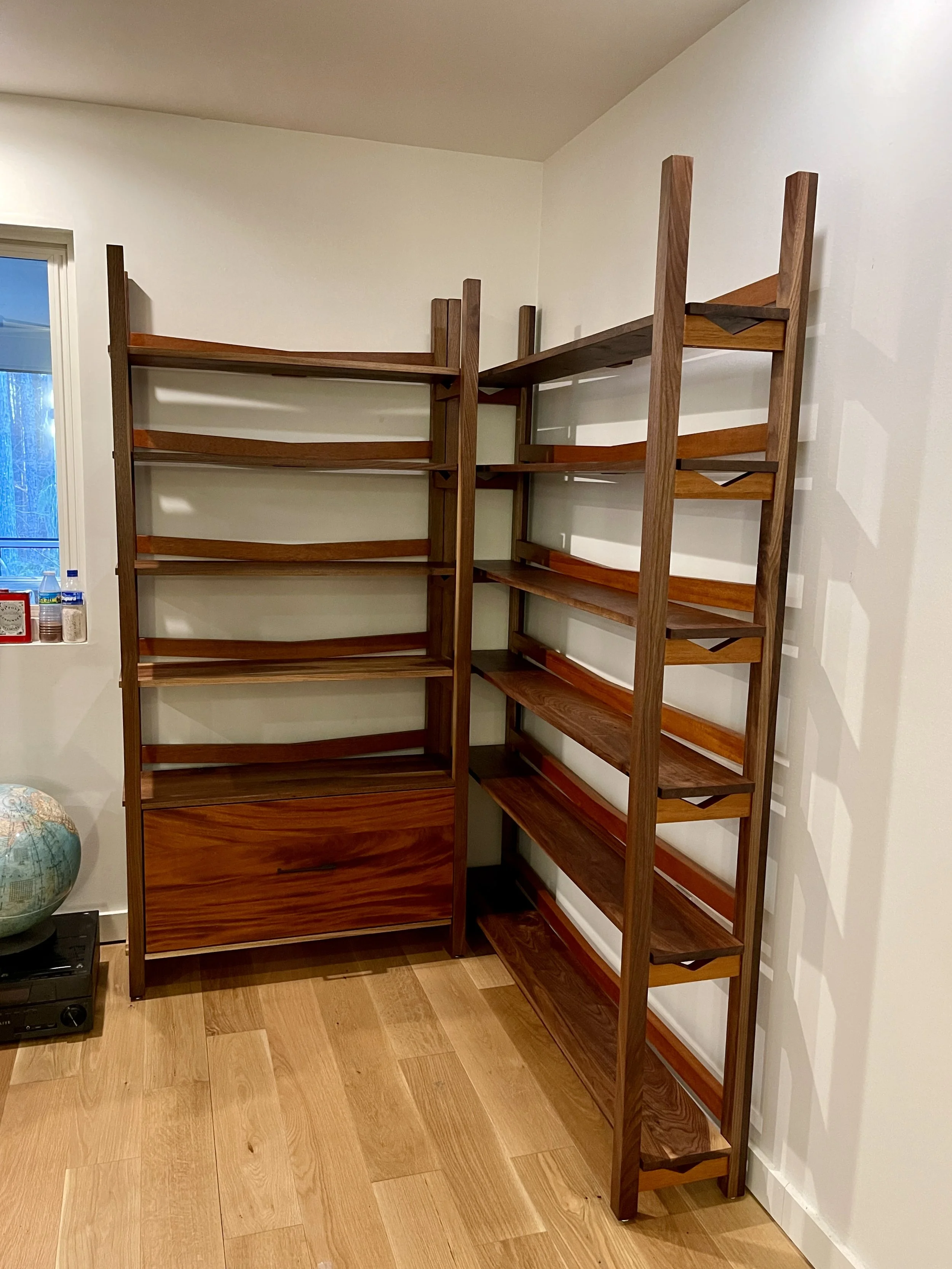 mahogany and walnut corner bookshelf