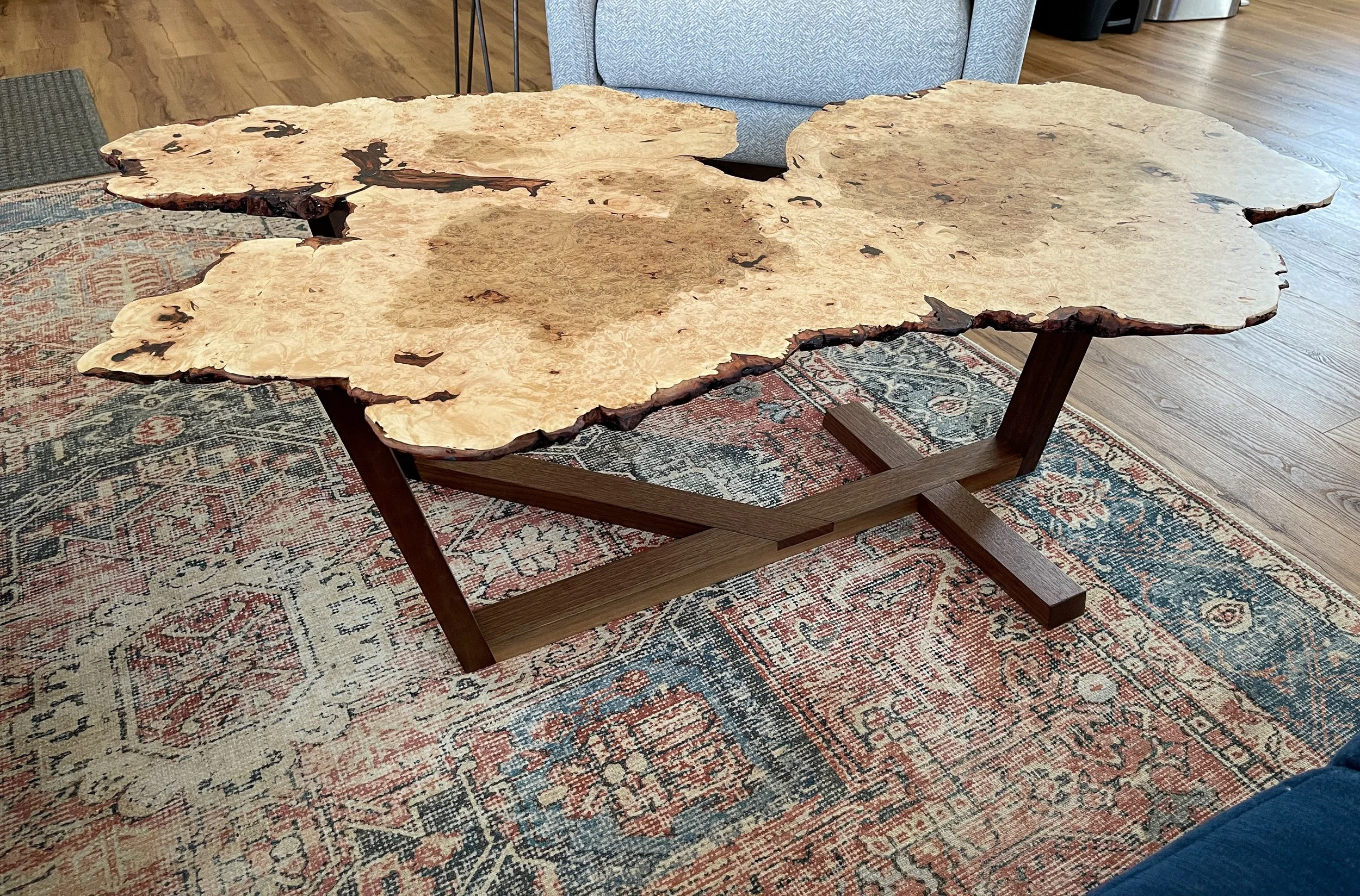 Sallie Plumley Studio Richmond Virginia. Maple Burl Coffee Tablewith Angular Walnut Base4.jpeg