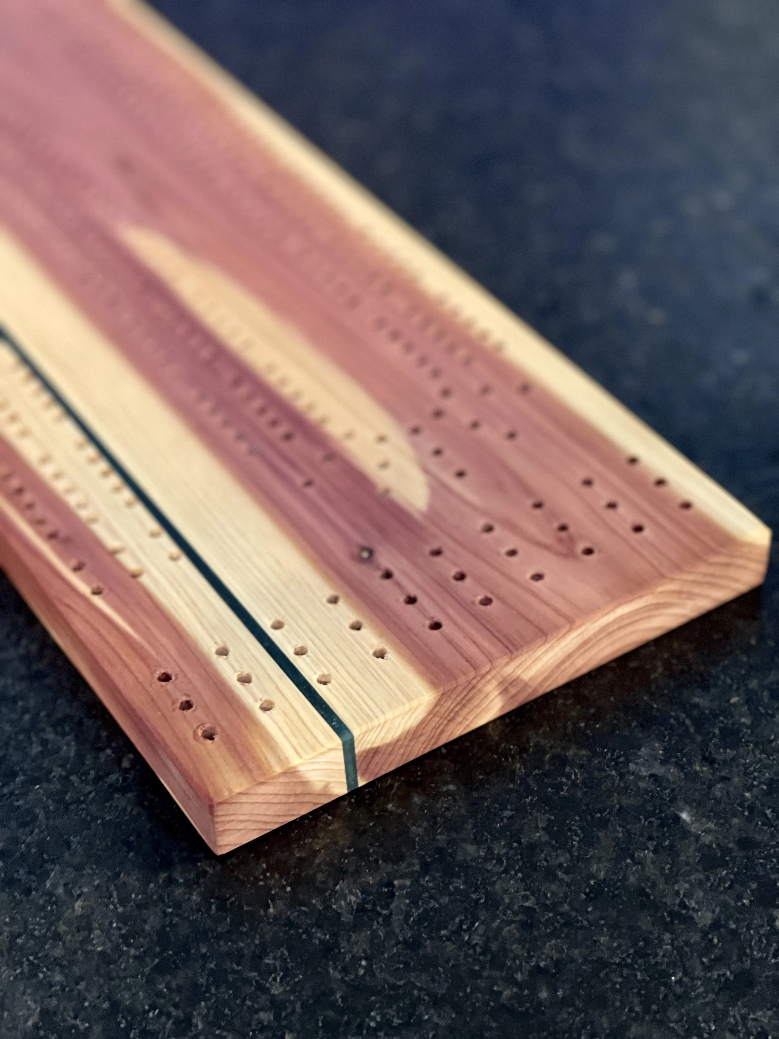 Sallie Plumley Studio Cribbage Board cedar with green epoxy 1.jpg