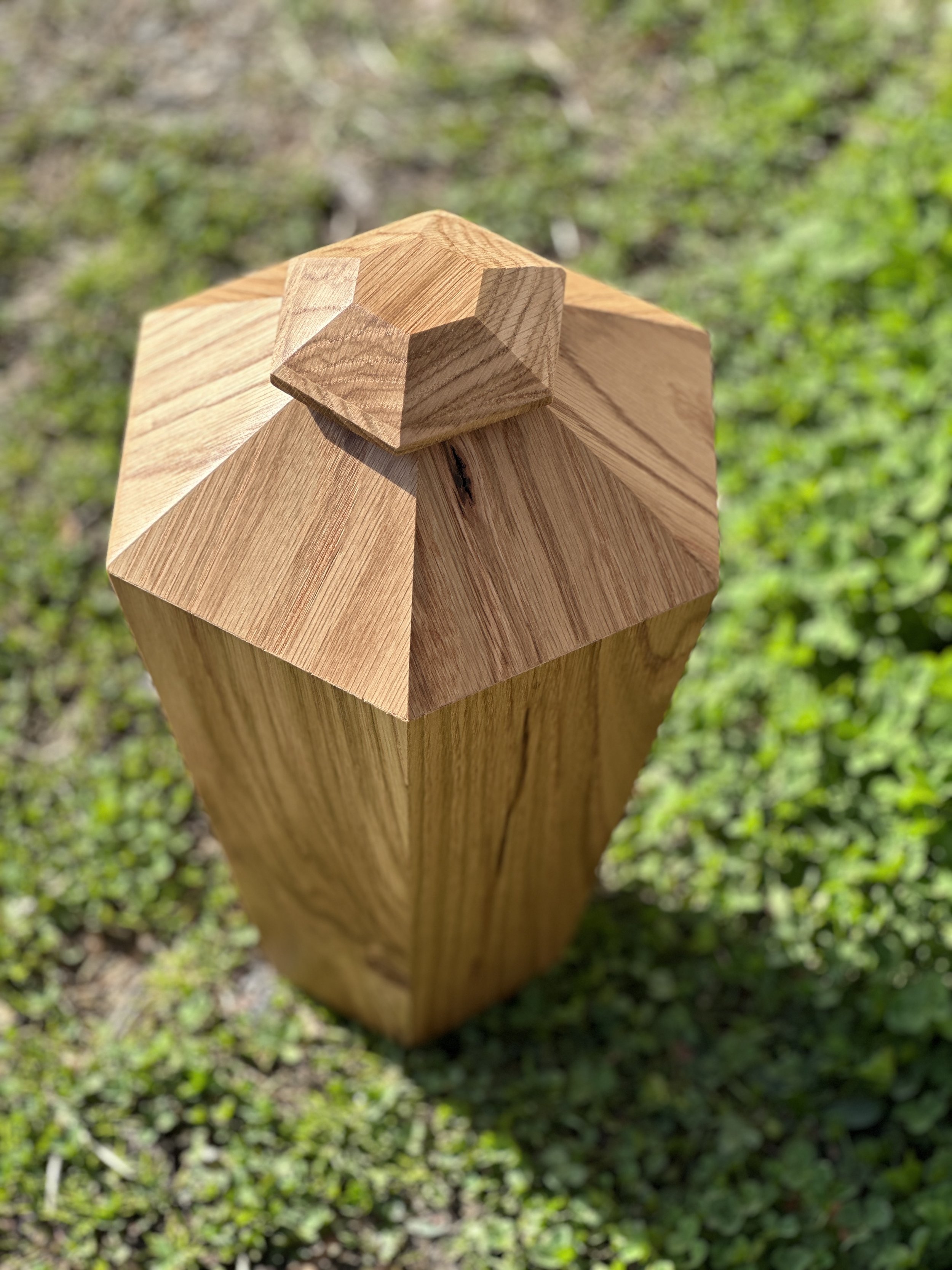 Sallie Plumley Studio. Richmond Virginia faceted handmade wooden oak cremation urn 