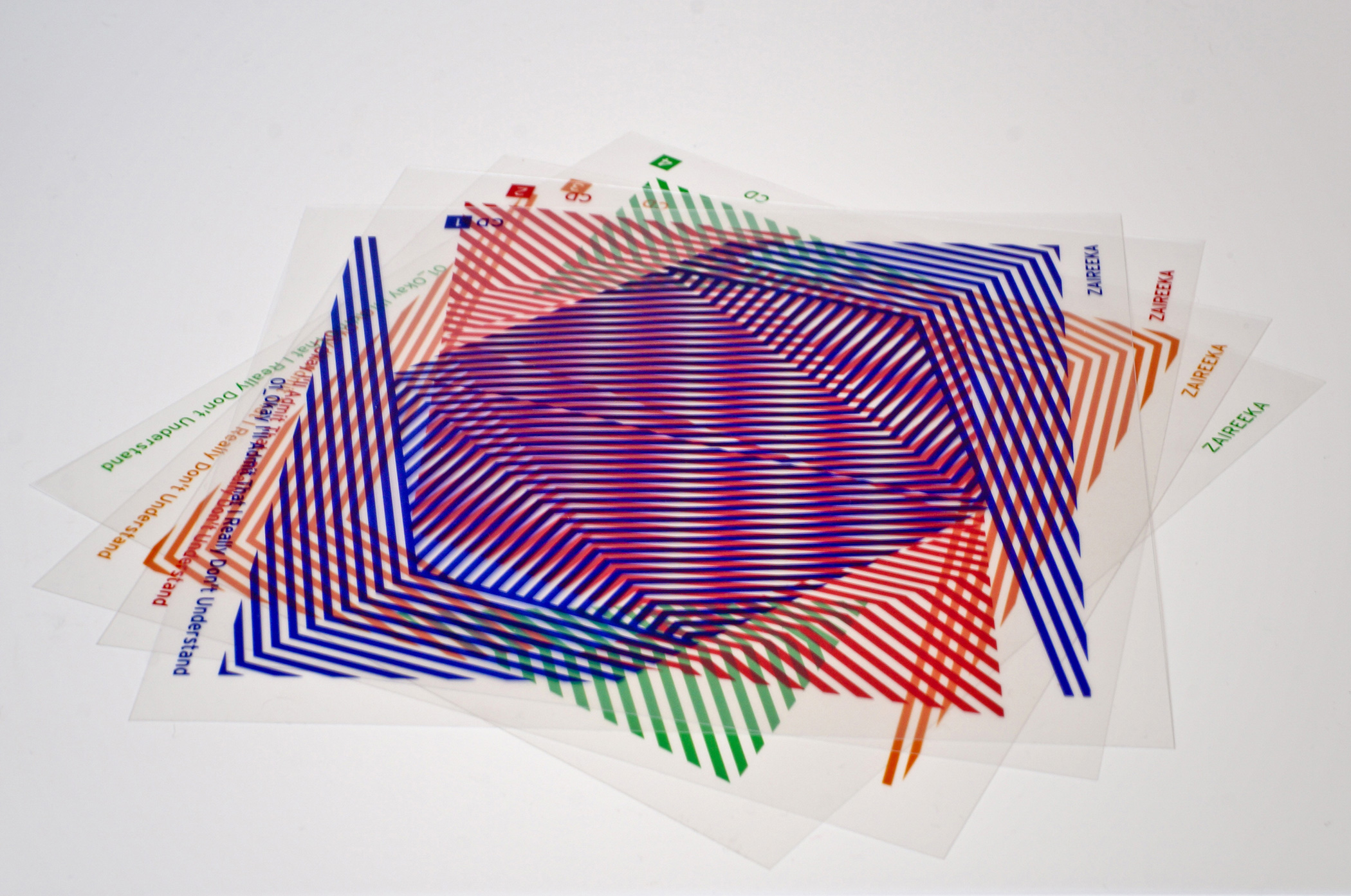 The sheets can be overlapped freely, providing optical effects and multiple results. The cover has a compartment for the illustrated sheets and could be explored and personalised by the user.
