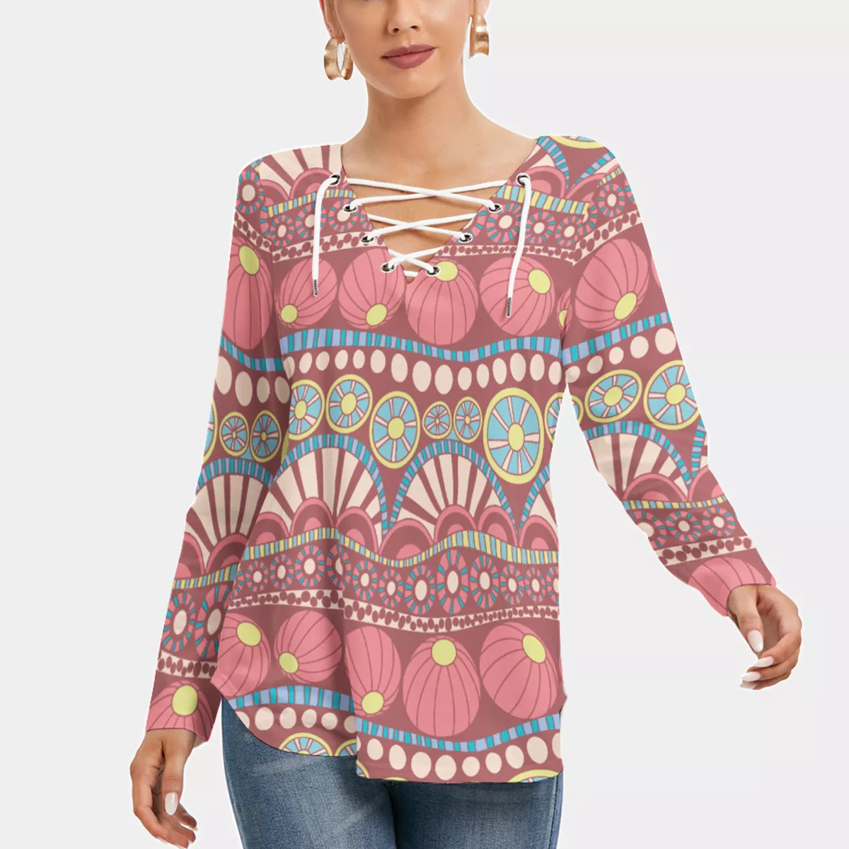All-Over Print Women's Long Sleeve Neckline Tie Sweatshirt.png
