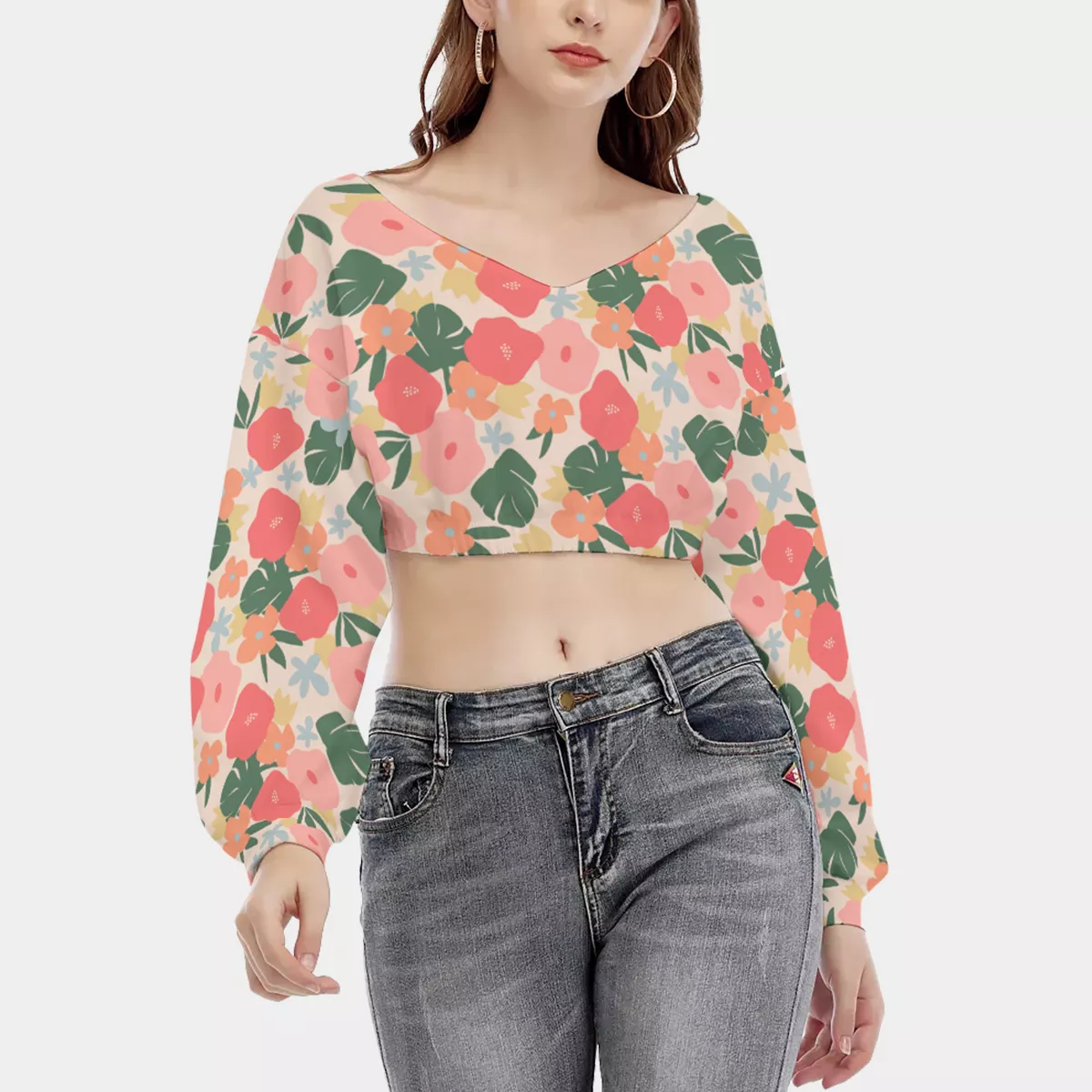 All-Over Print Women's V-neck Long Sleeve Cropped Sweatshirt.png