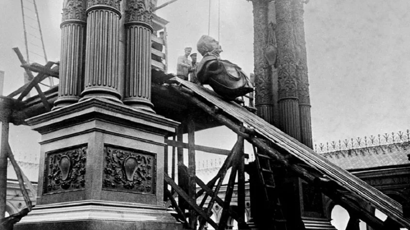 Bolsheviks dismantle the monument to Alexander II in the Kremlin, Moscow, 1918