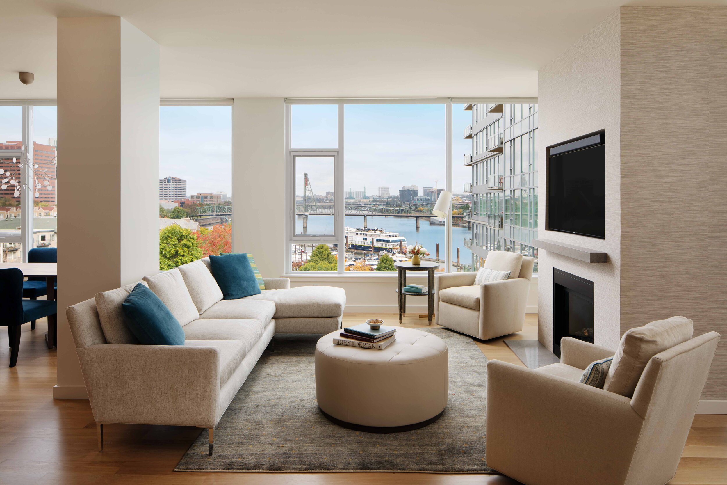 Waterfront Minimalist Modern Portland Condo with  high end  furniture designed for style and comfort