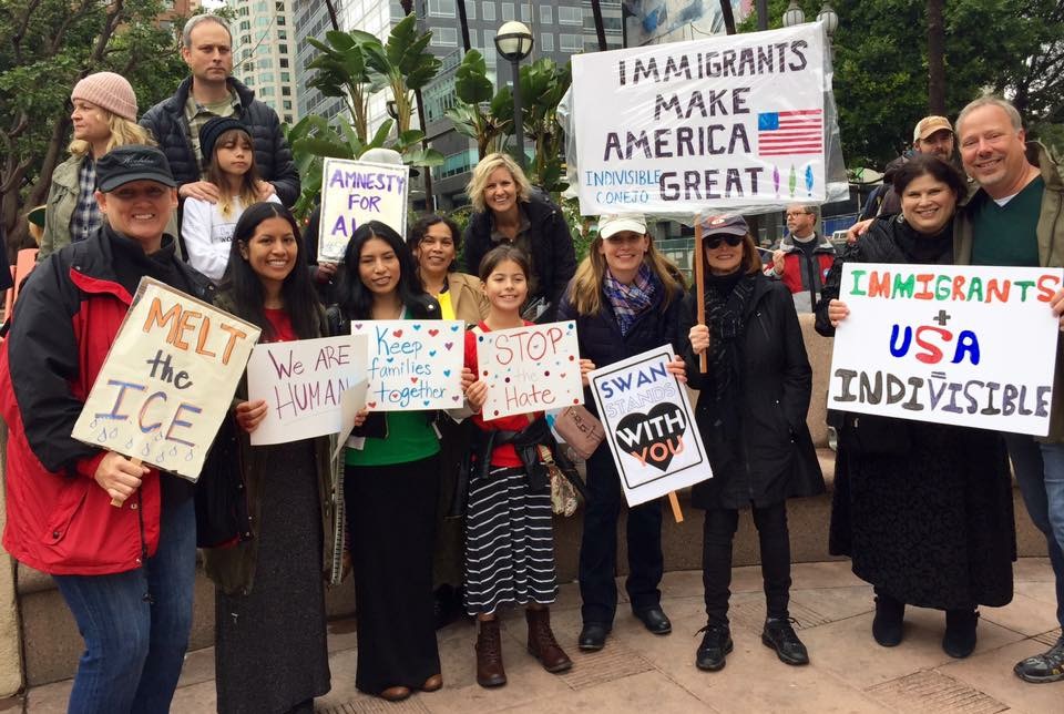 SWAN Sisters & friends from Indivisible : Conejo at Immigration Rights March. Pershing Square, Downton Los Angeles. Saturday February 18, 2017