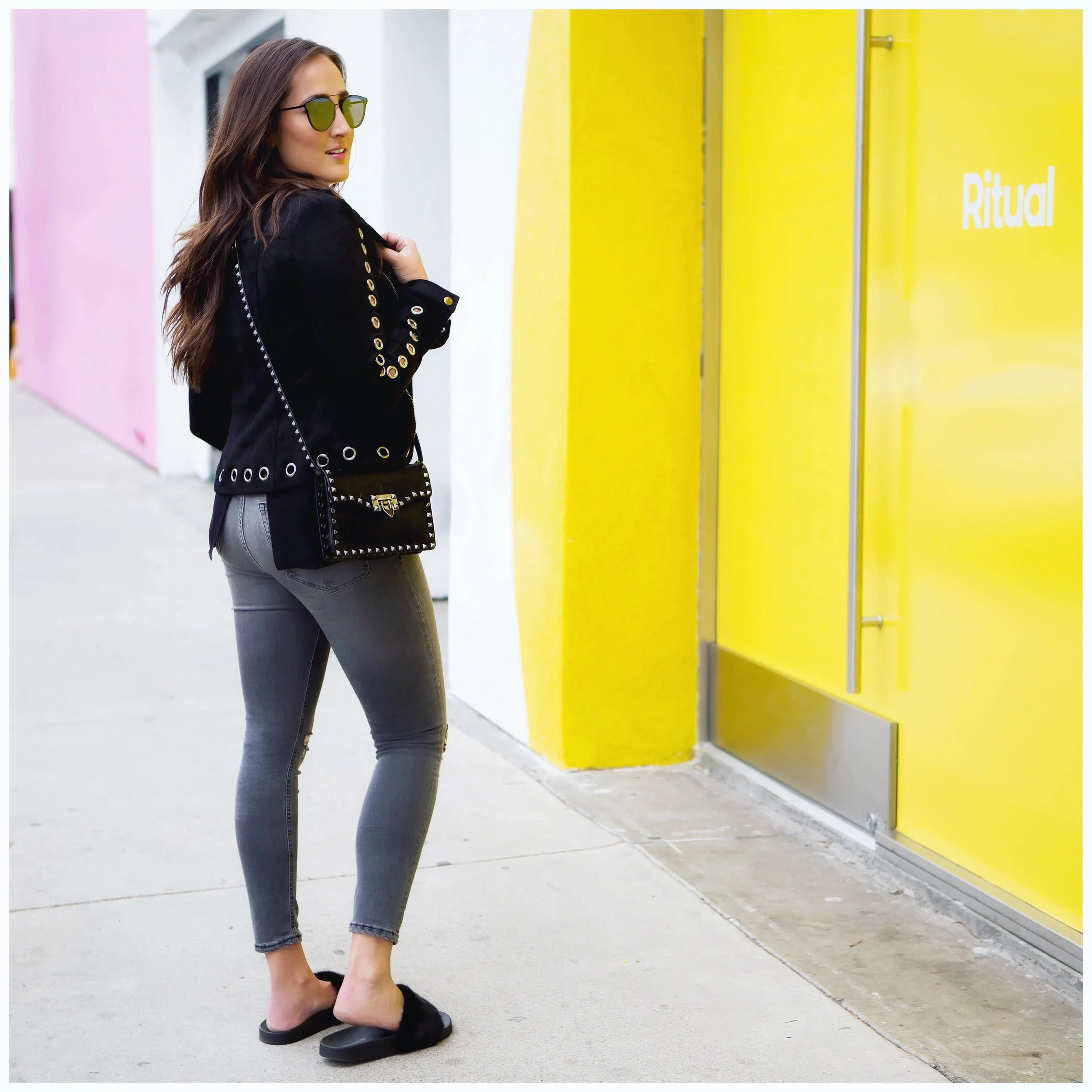 Jeans , Jacket , Slides , Bag , Sunglasses