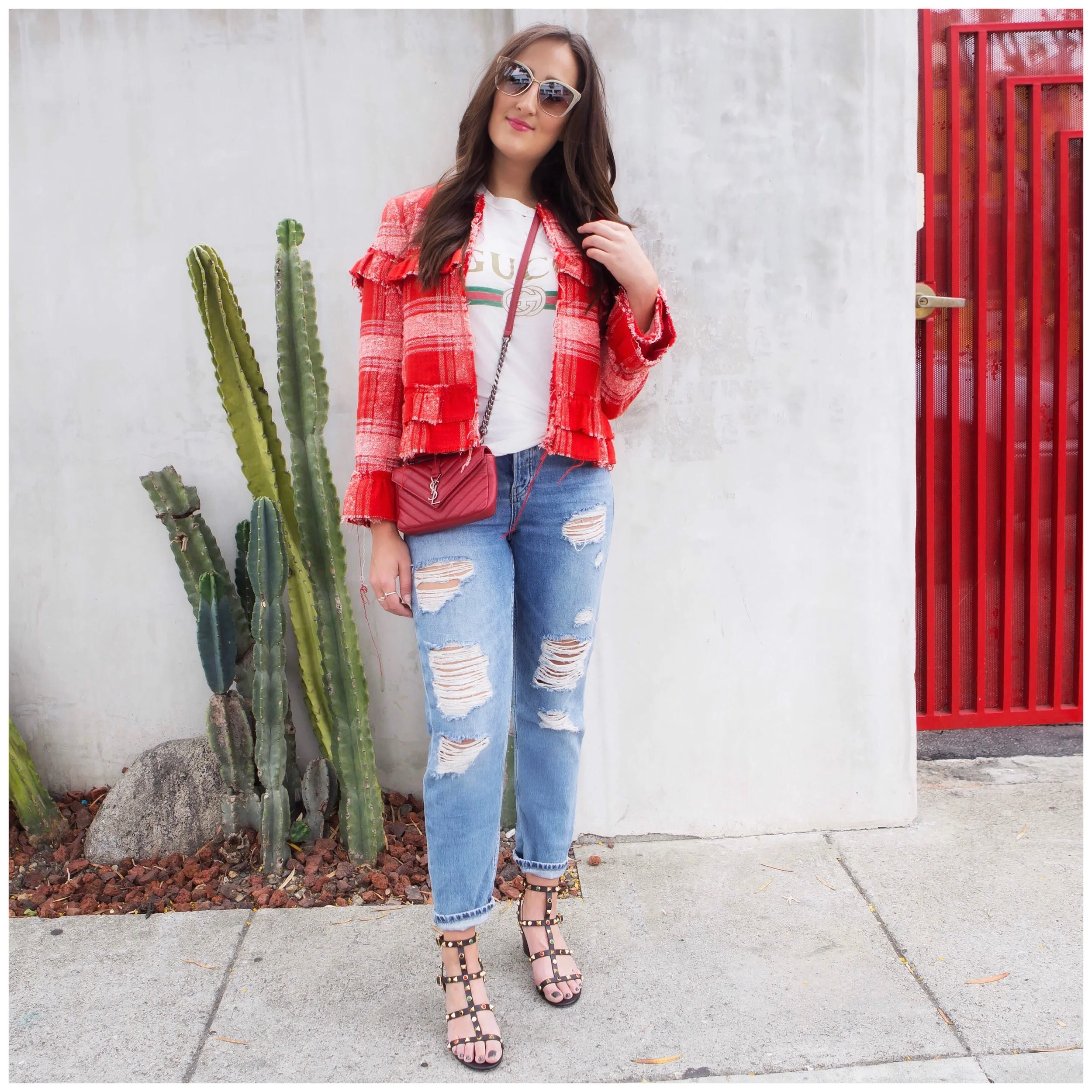 Jacket , shirt , jeans , shoes , bag , sunglasses