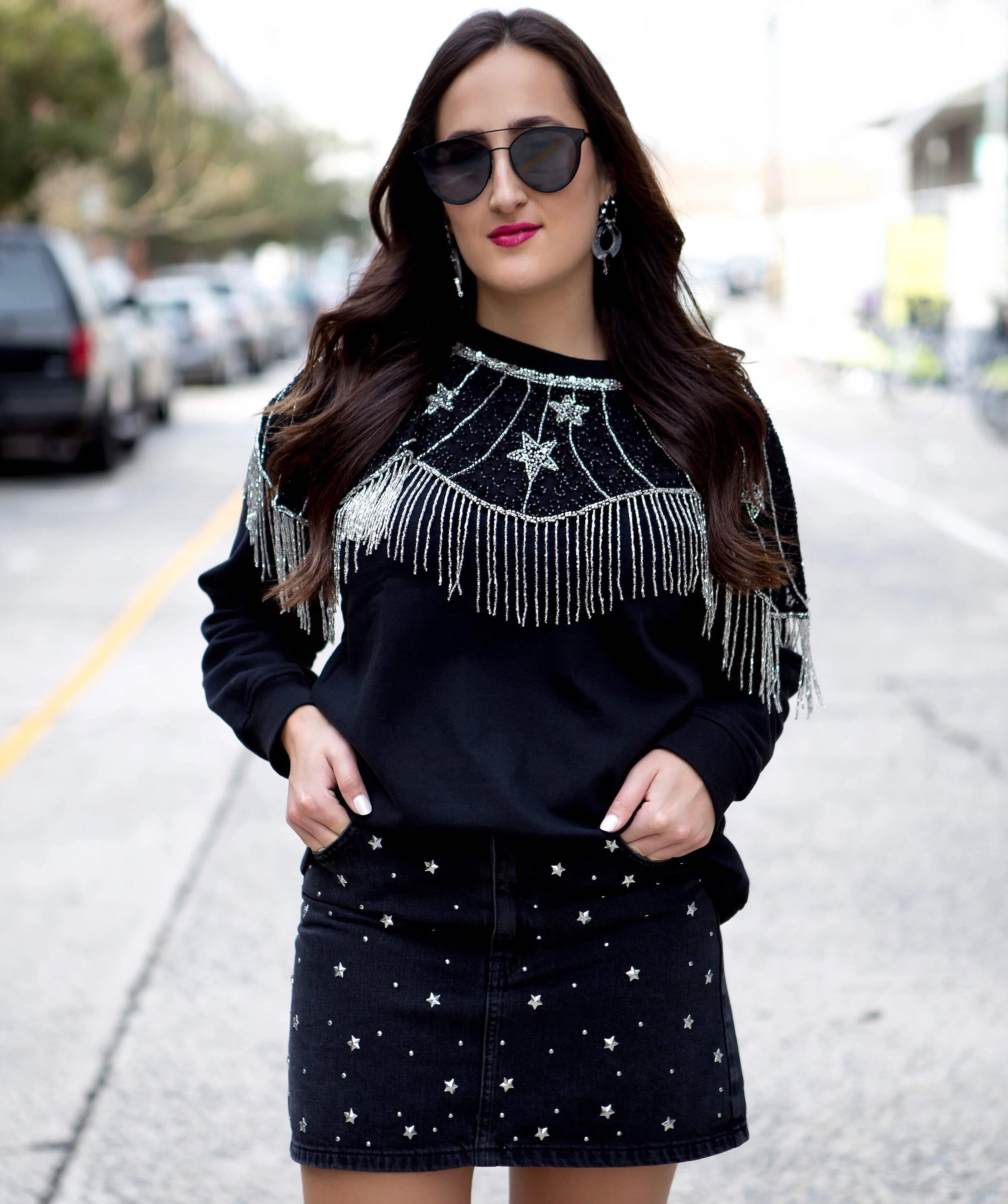 Skirt , Sweatshirt , Earrings , Sunnies 