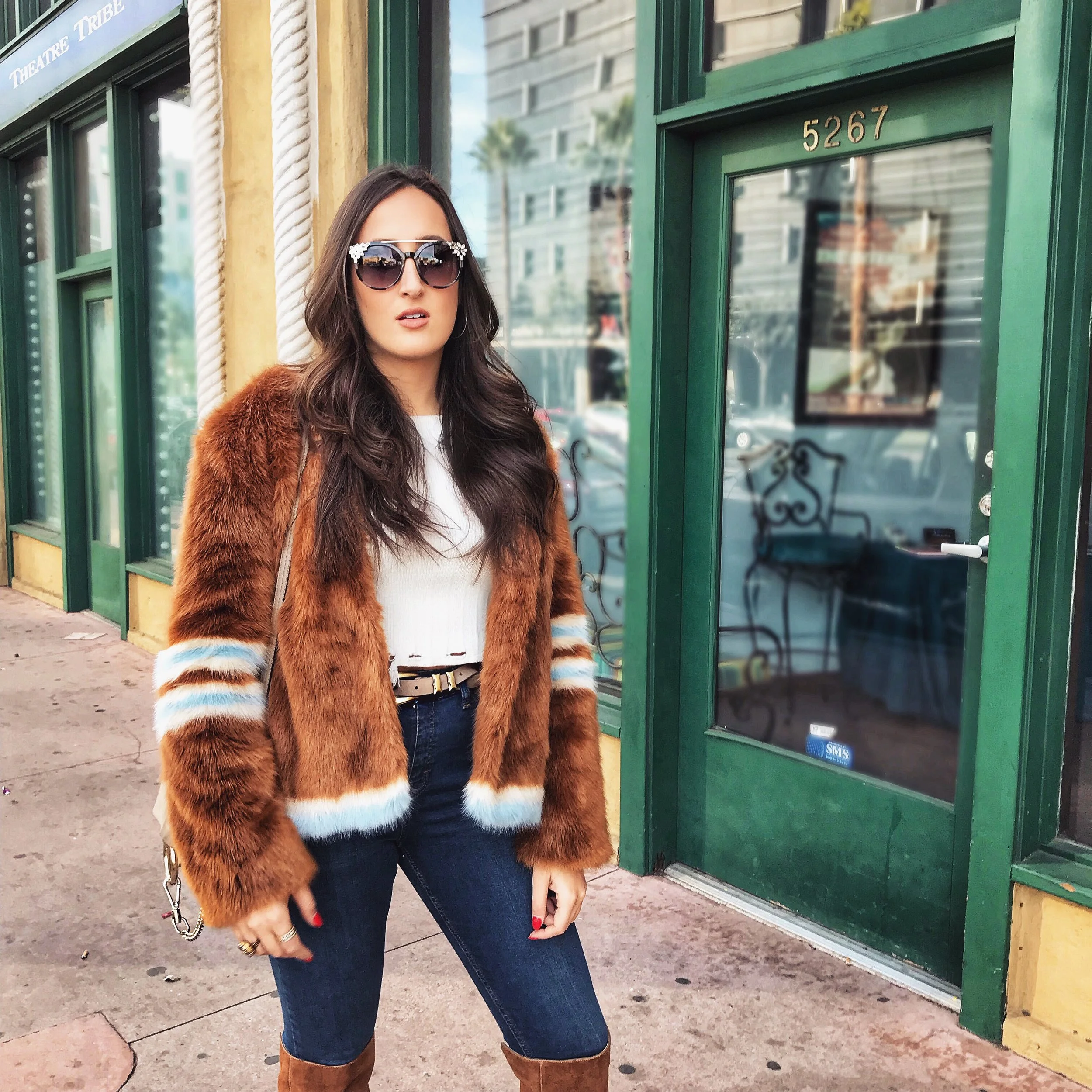 Faux Fur , Denim , Top (similar), Belt , Sunnies
