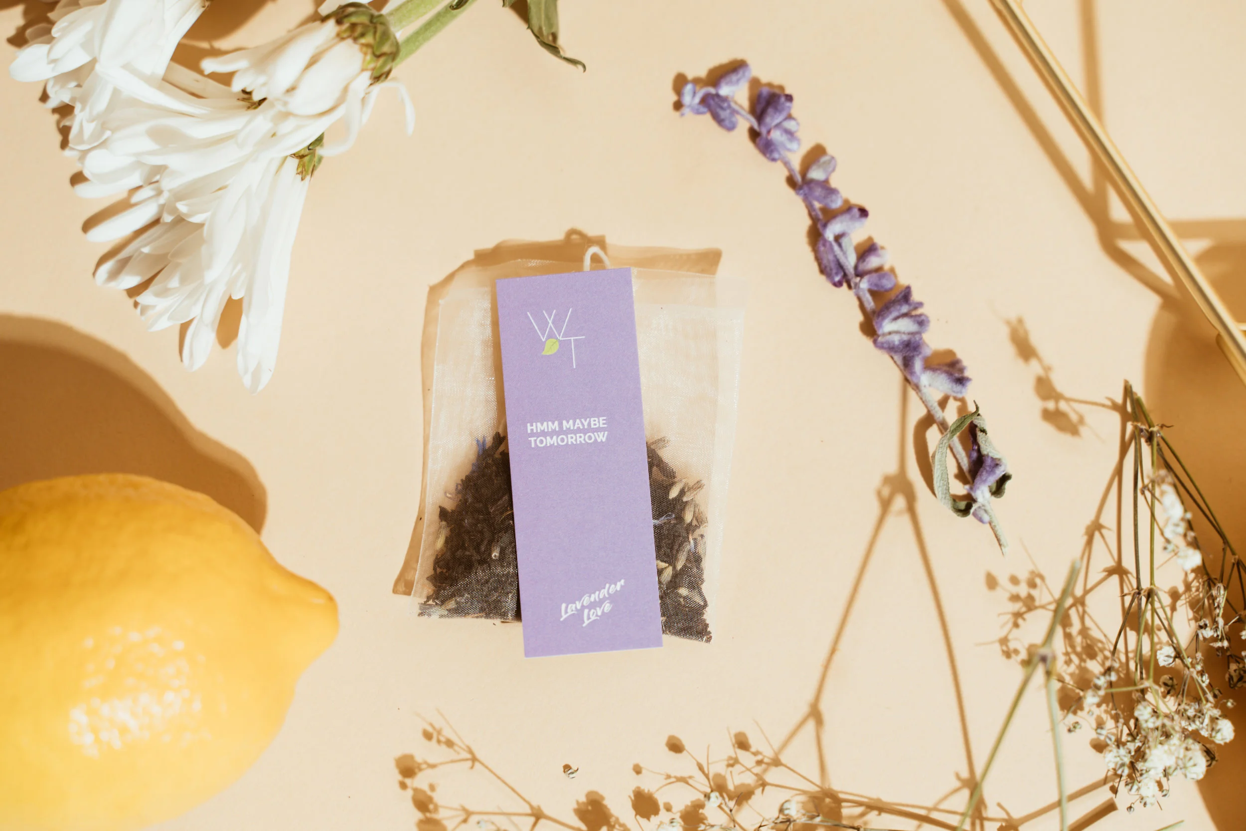 Lavender Love Tea Bag with quote “Hmm Maybe Tomorrow”