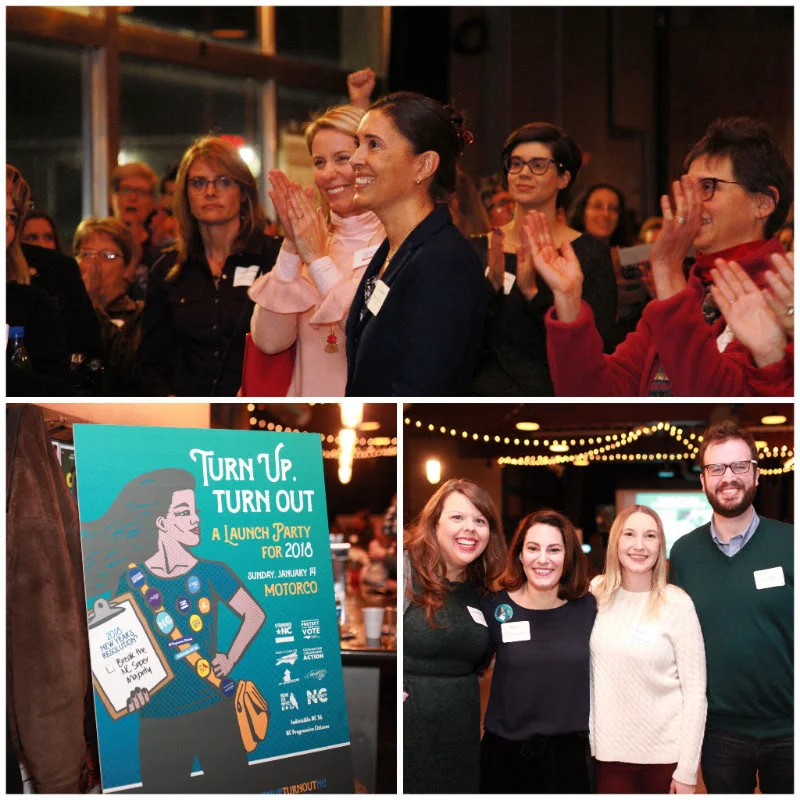 Clockwise from top: NC Supreme Court candidate Anita Earls (center) is greeted by a raucous round of applause to kick off the event; (L-R) FLIP NC's Andrea Cash and Amy Cox with keynote speaker Kathryn Sorenson and Peter Dougherty . Sorenson shared her experience managing (and winning!) a Virginia House of Delegates campaign last year and got folks pumped to start knocking on doors in NC. "Canvassing is having a meaningful conversation with a fellow human being about what they care about for their future," she said; We're obsessed with these event posters designed by the brilliant Sally Scruggs of 88creativestudio ..