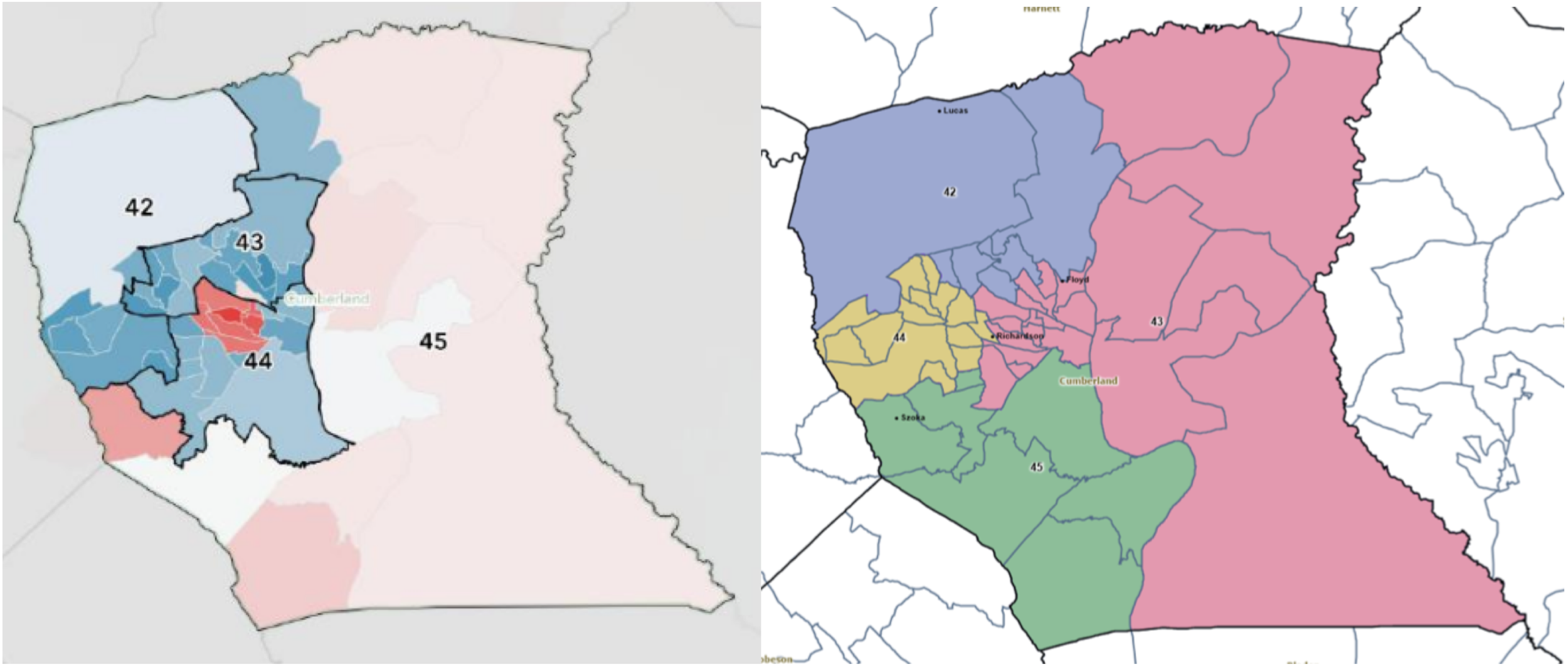 Partisan map of current district boundaries in Cumberland County v. Adopted map for Cumberland County