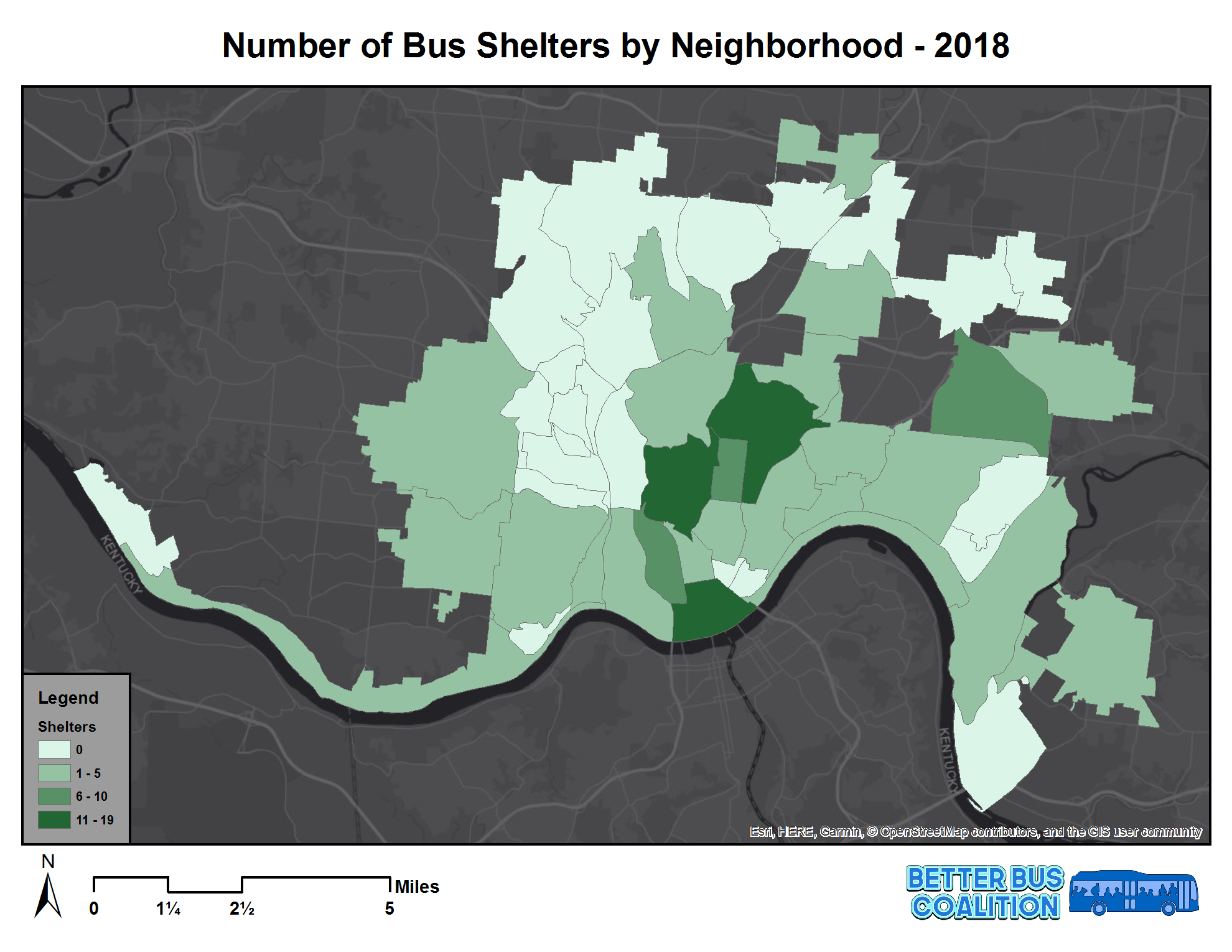Most bus shelters are concentrated Downtown and Uptown, but neighborhoods with low ridership tend to have more shelters than those with high ridership. Some of the highest ridership neighborhoods have no bus shelters at all
