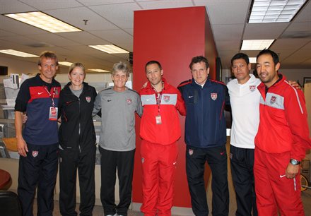 Jurgen Klinsmann, Dawn Scott (WNT Fitness Coach), Pia Sundhage, Caleb Porter (U-23 MNT Head Coach), Andreas Herzog, Martin Vasquez (MNT Assistant Coach), Eric Yamamoto (U-23 MNT Assistant Coach)