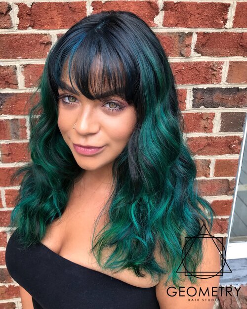 Emerald green hair color on natural wavy hair