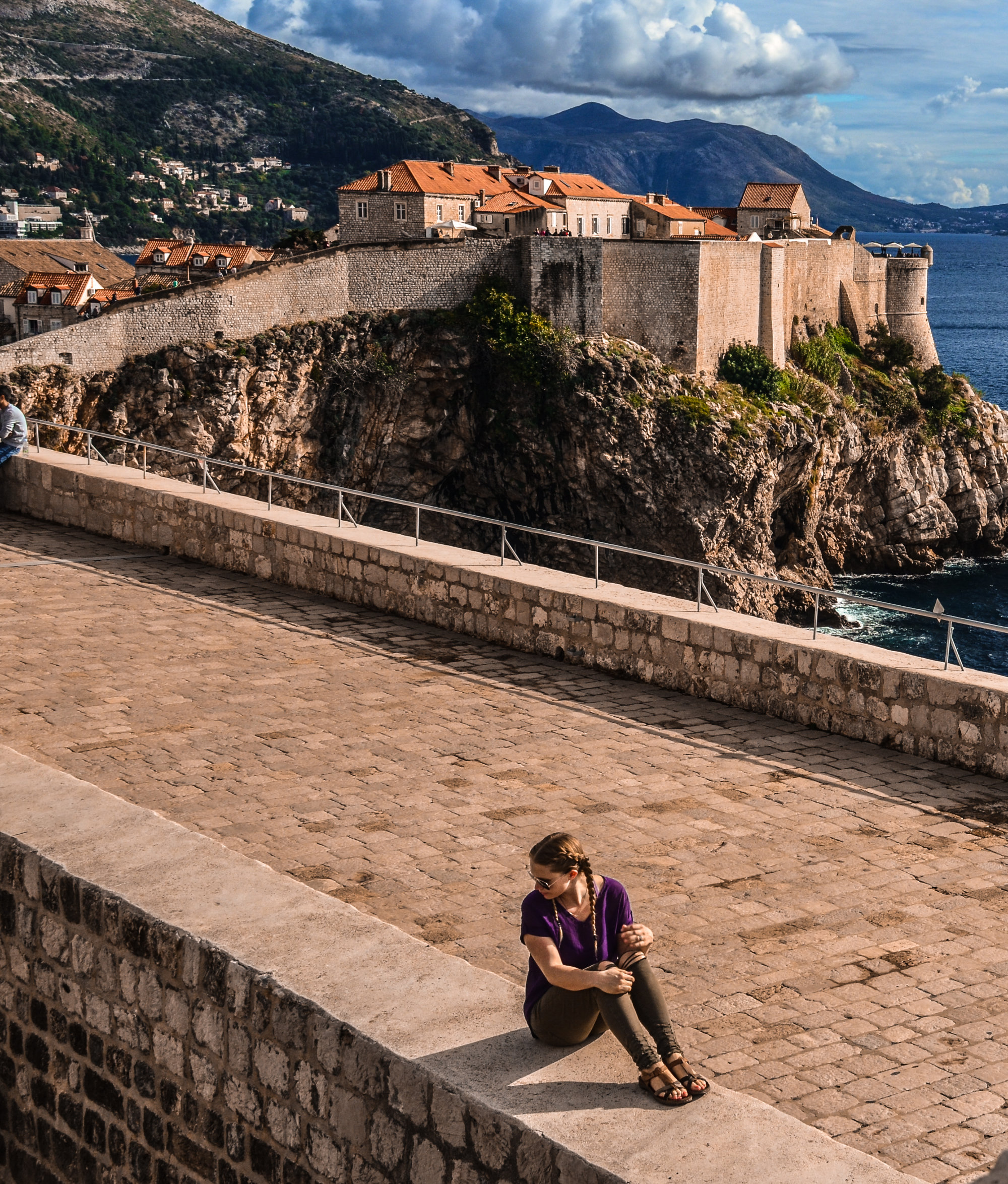 Chelsea gawking at the ancient fortified walls in Dubrovnik, Croatia.