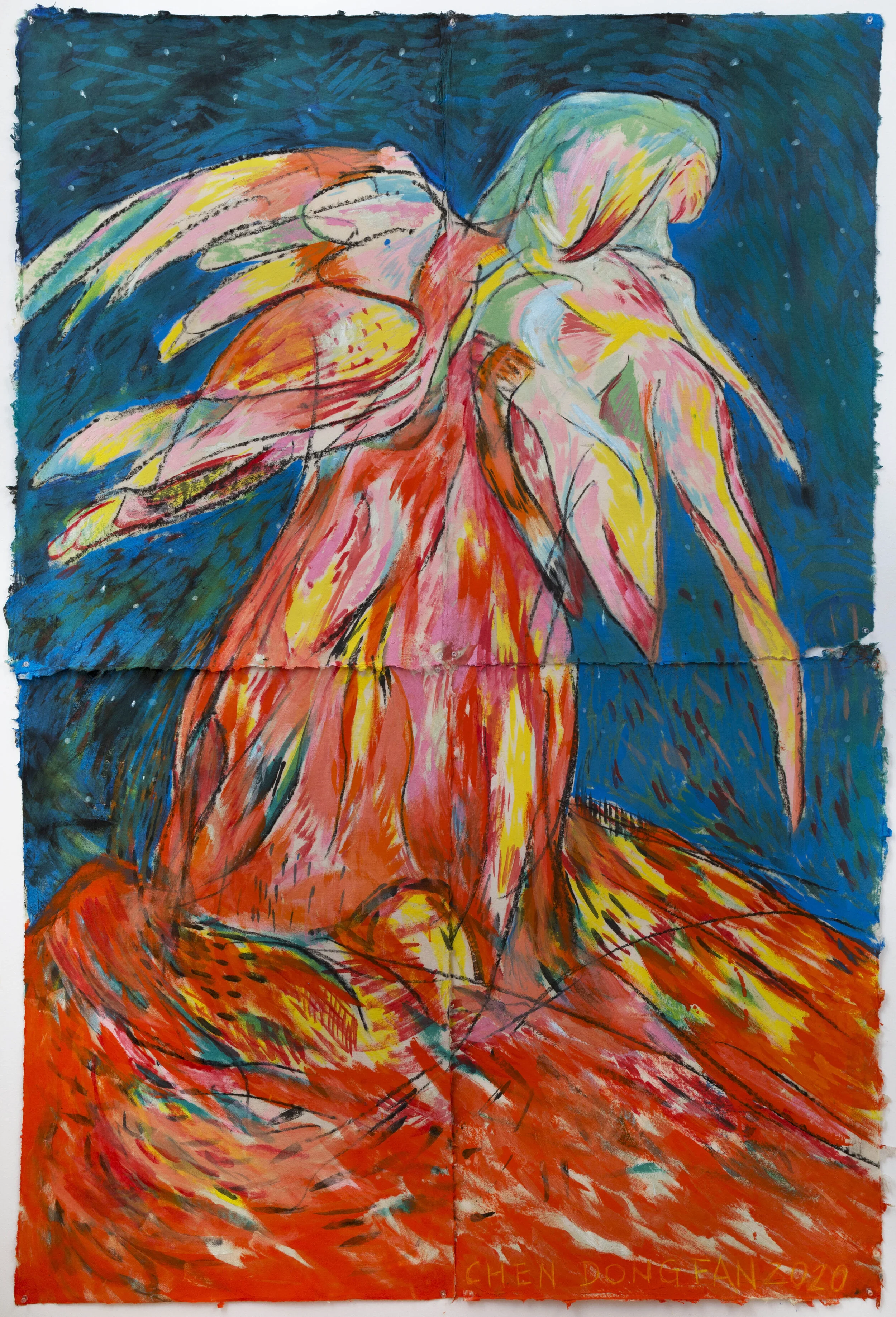  Chen Dongfan,  Rise From The Ashes , 2020. Charcoal, oil on paper, 74 x 50 inches. ©Chen Dongfan, courtesy Fou Gallery. 