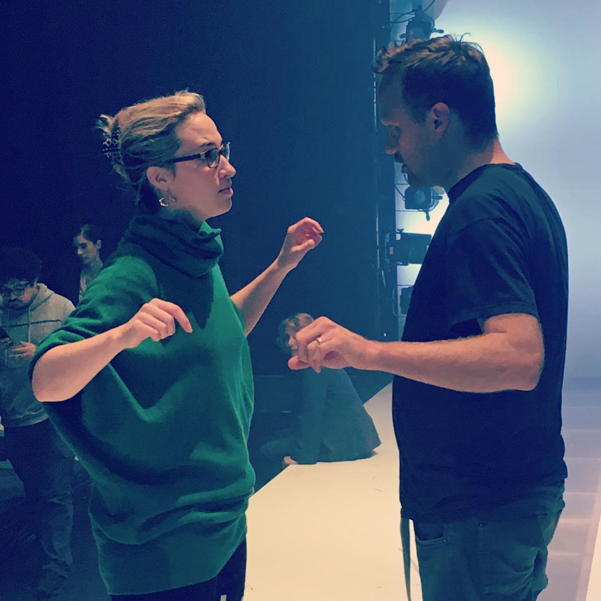 Emily working with Andrew Smith (lx designer) on CORIOLANUS: FIGHT LIKE A BITCH.