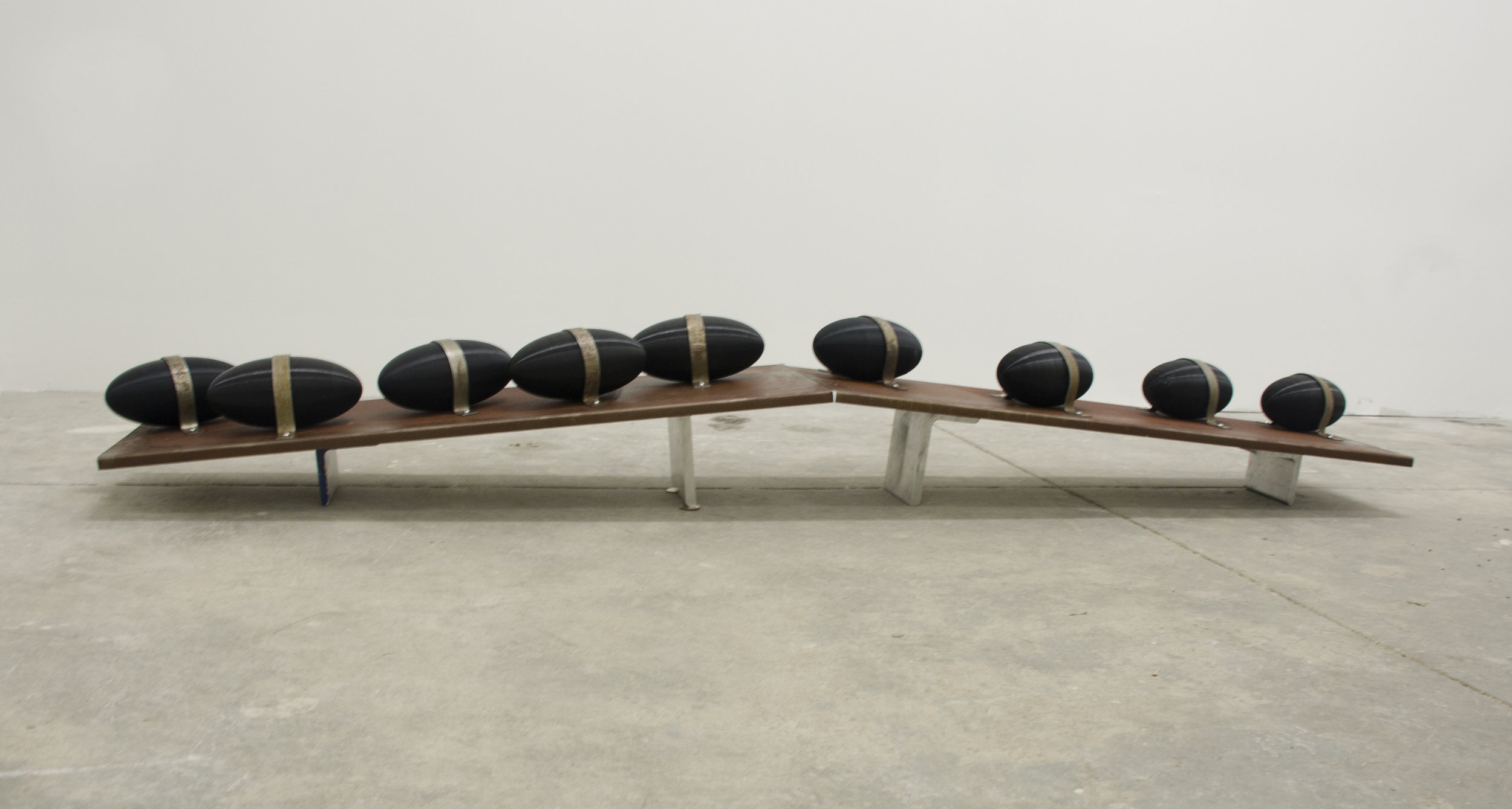 BOOM! BOOM! BOOM! 2018. 3D prints shapes, sheet steel, aluminum, screws, wood board, silicone Size: overview L:66 inches W:9 ¾ inches H: 14 inches Egg shape (Each): L: 7 ½ inches W: 3 ¾ inches 9 pieces in total.