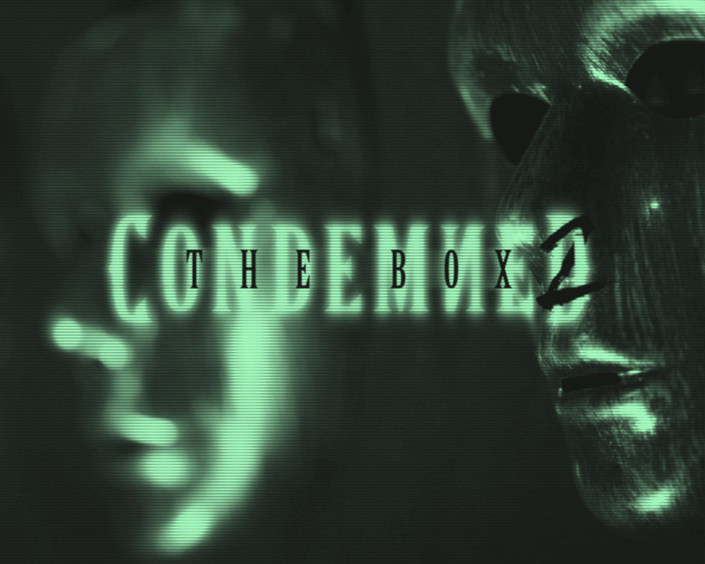 Creepy masks hang in a wall inside CONDEMNED with the award winning game's horror inspired wordmark in the foreground