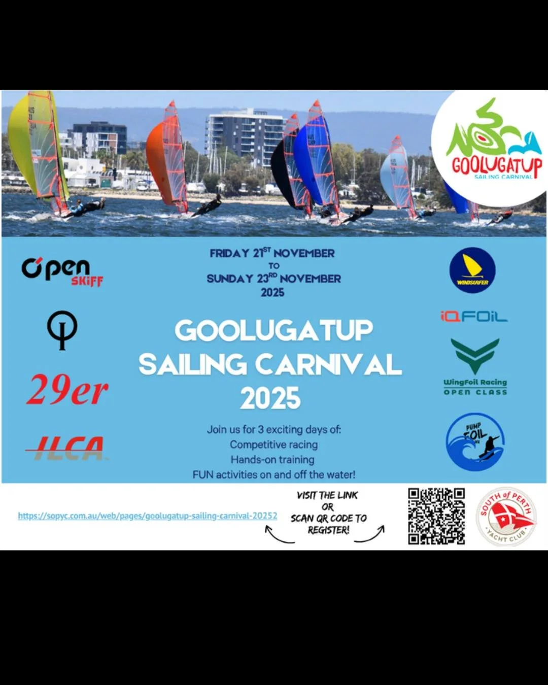 Registration is now open for the 2025 Goolugatup Sailing Carnival at SOPYC. It also includes an ILCA Masters Dinner on Sunday 23rd November.
https://www.revolutionise.com.au/sopyc/events/301996