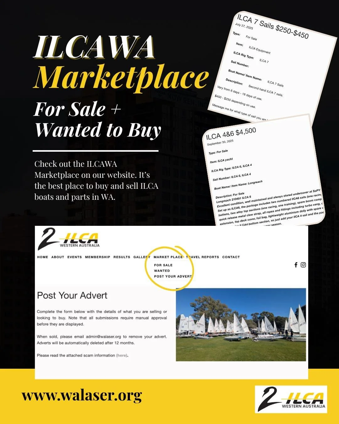 The best place to buy and sell ILCA boats and parts is through the marketplace listings on our ILCAWA website. You can even advertise parts you are looking for.  Check out our listings now at www.walaser.org