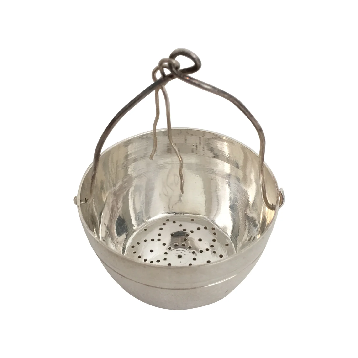 Tea strainer in a bucket shape with hanging handle, silver plated France