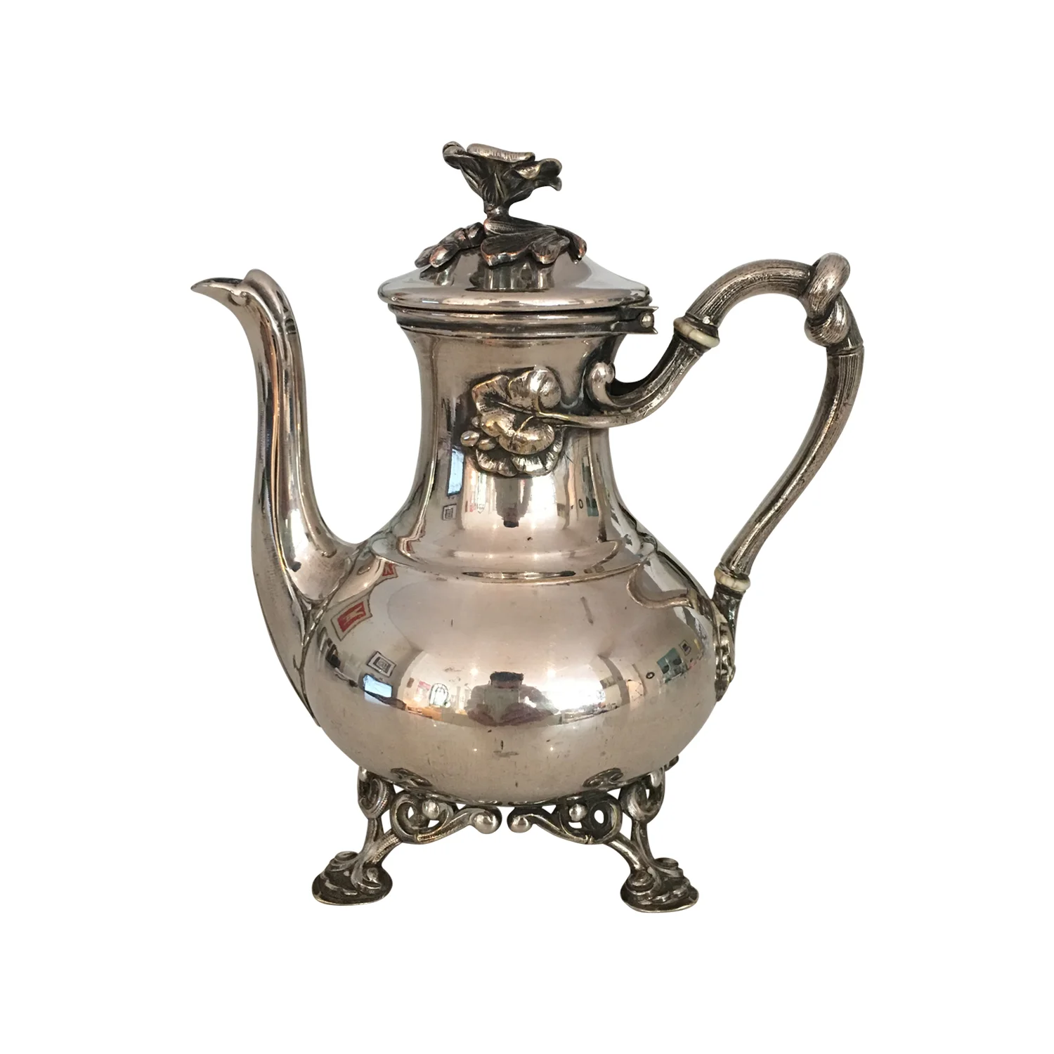 Tea pot from Christofle with flower fenial, silver plated France circa 1950