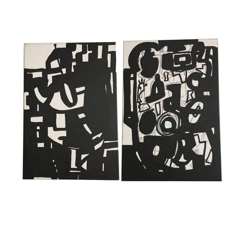 Pair of Black Line Crazy on canvas "A mariner's tale" and "It's complicated, I know"