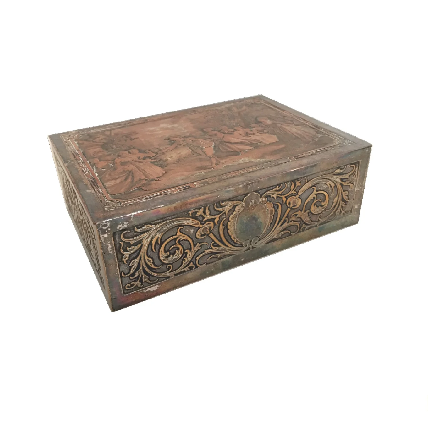 Silver plated jewellery box "Le Colin -Maillard" depicting a bourgeoisie scene of Blindman's buff game, circa 1880