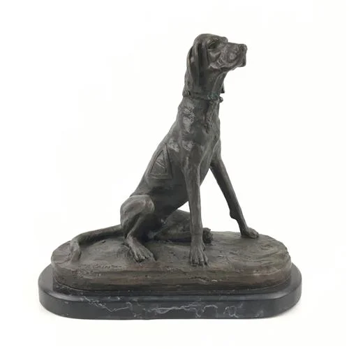 Bronze dog sculpture on a eliptic marble base, after A.Cain