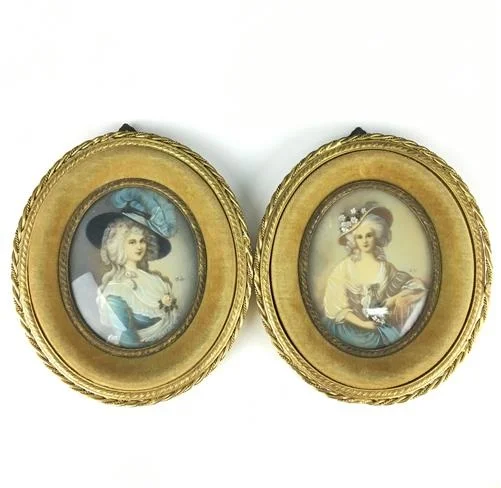 Pair of oval metal and timber miniatures, portrait of two ladies