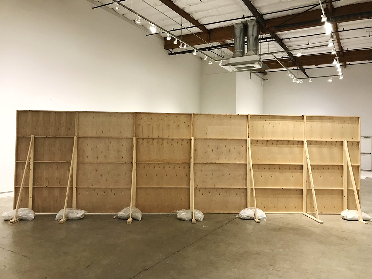 "Thirty Foot Wall", 7' x 24' oil on panel, wood, sandbags.