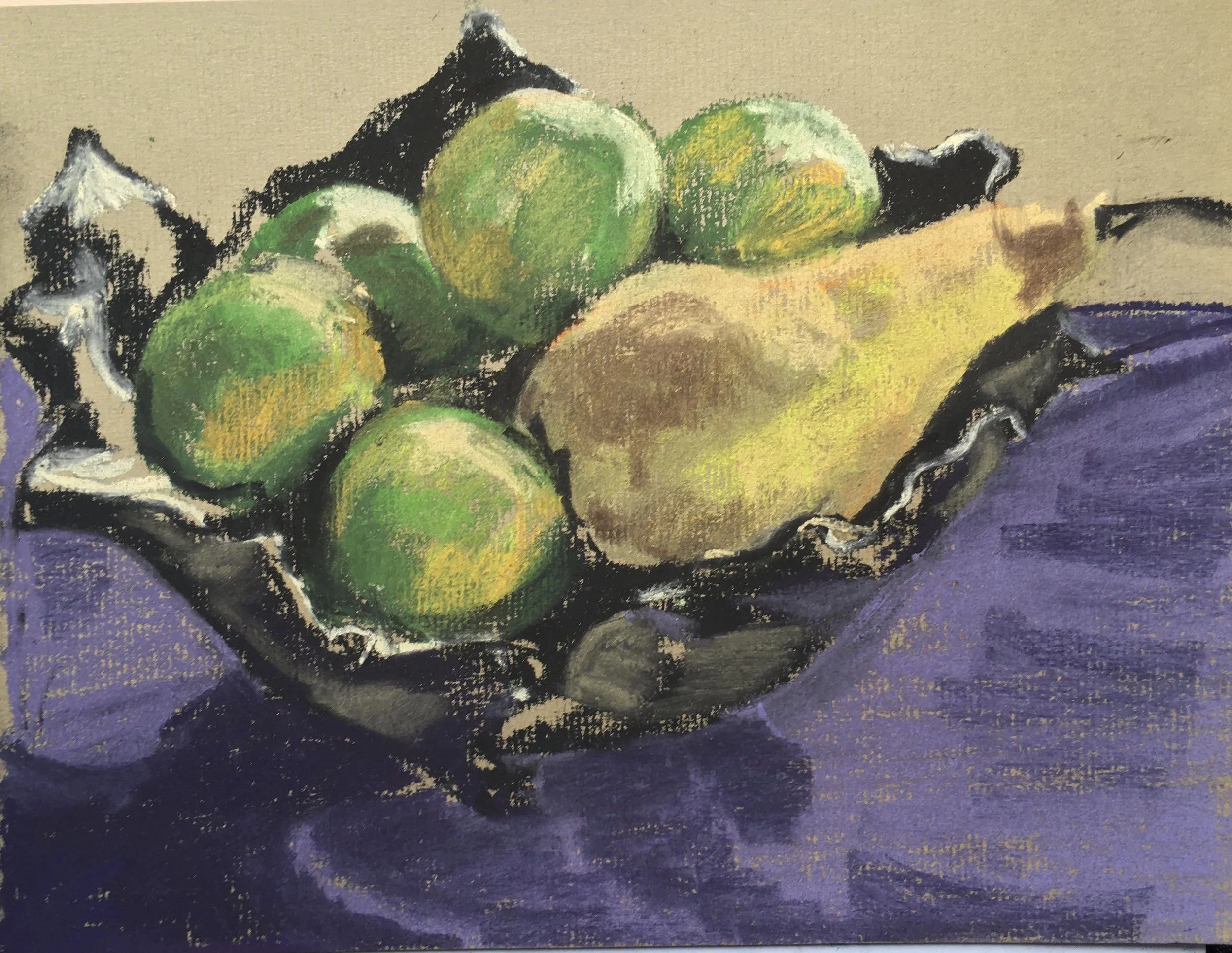 limes and a pear pastel on paper 12x9in
