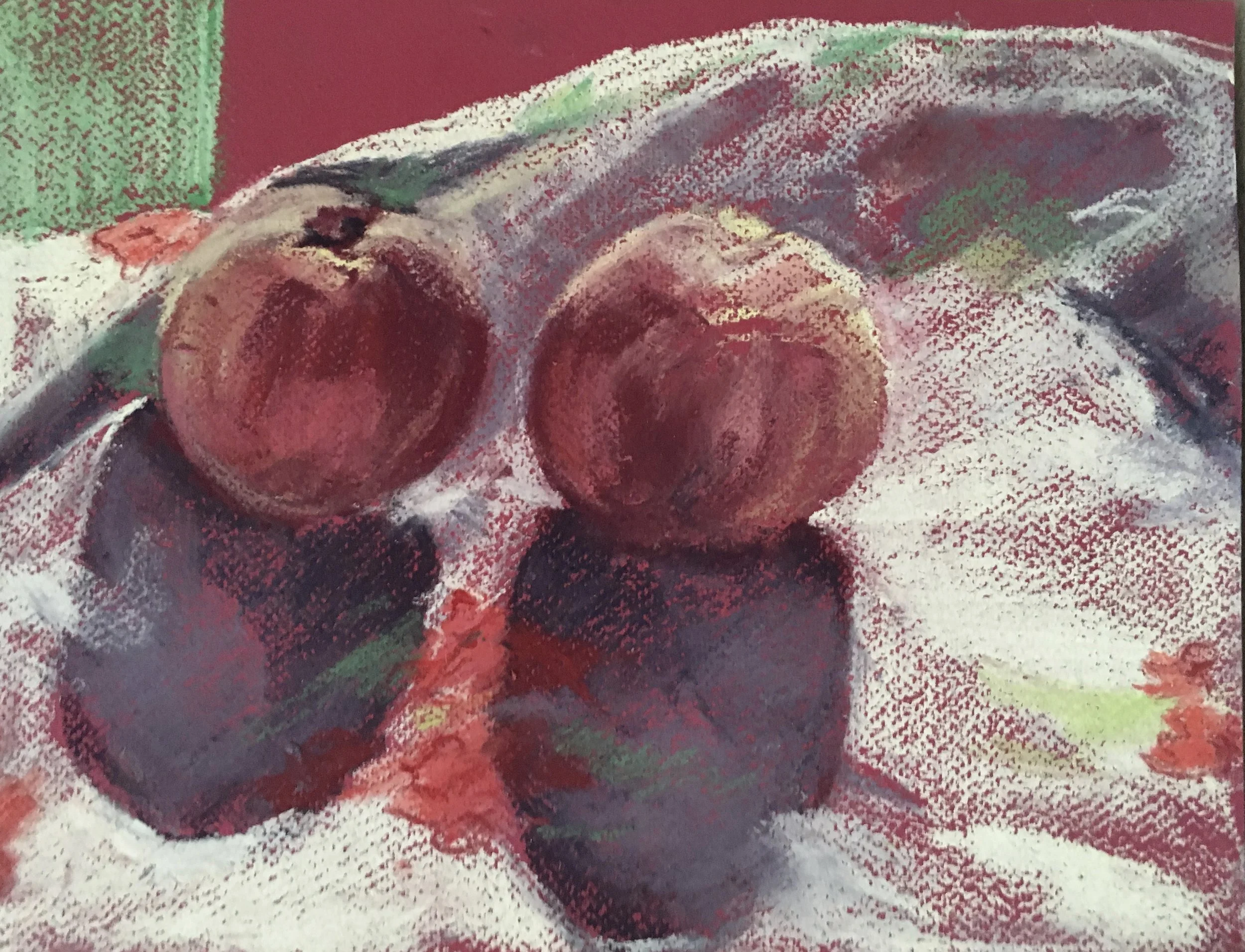 peaches on pink paper pastel on paper 12x9in