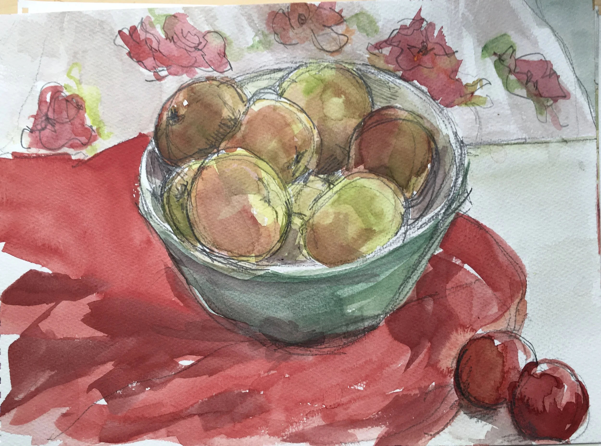 apples in a bowl watercolour on paper 14x10in